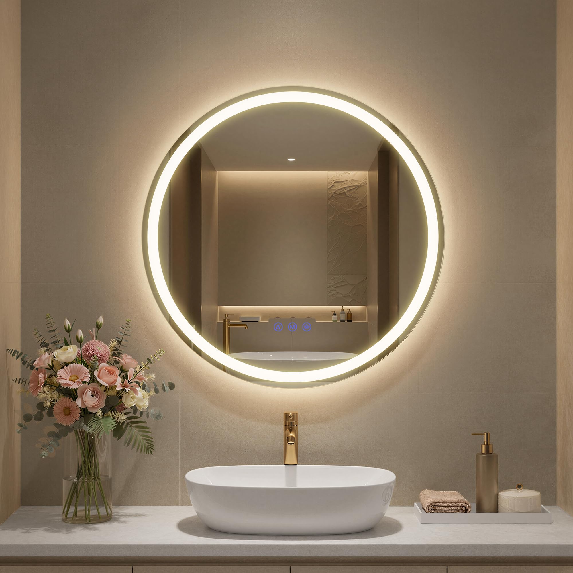 SONGMICS Bathroom Mirror with LED Lights, Round Mirror, Anti-Fog Function, Adjustable Colour Temperature and Brightness, for Vanity Bedroom Bathroom, 51 cm, Matte White LWM213WC03