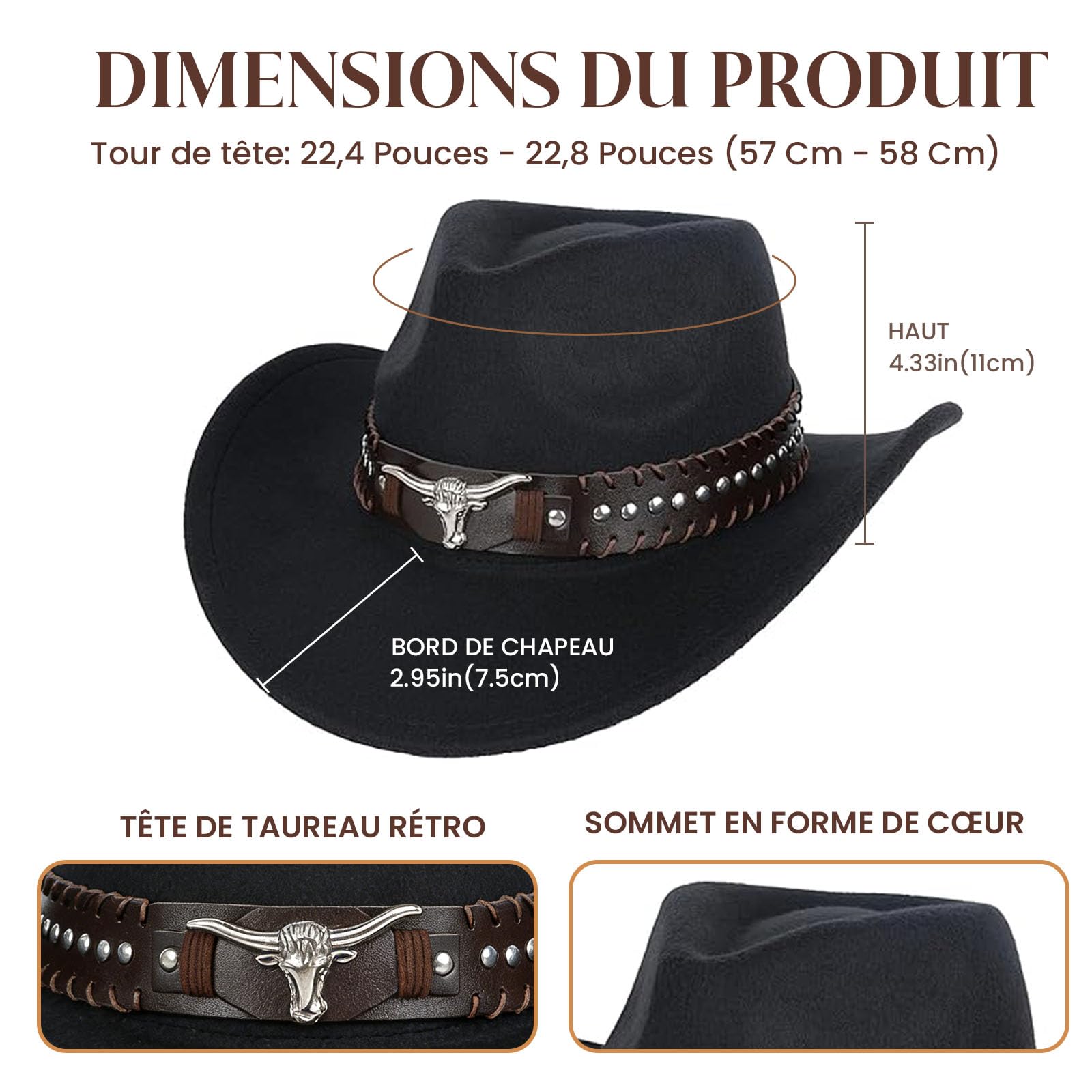 MYKAGS Chapeau de Cowboy en Feutre de Laine de Style Occidental avec Accessoire distinctif en Forme de tête de Taureau Chapeau de Soleil pour l'extérieur Chapeau de Cowboy Unisexe Polyvalent (Noir)