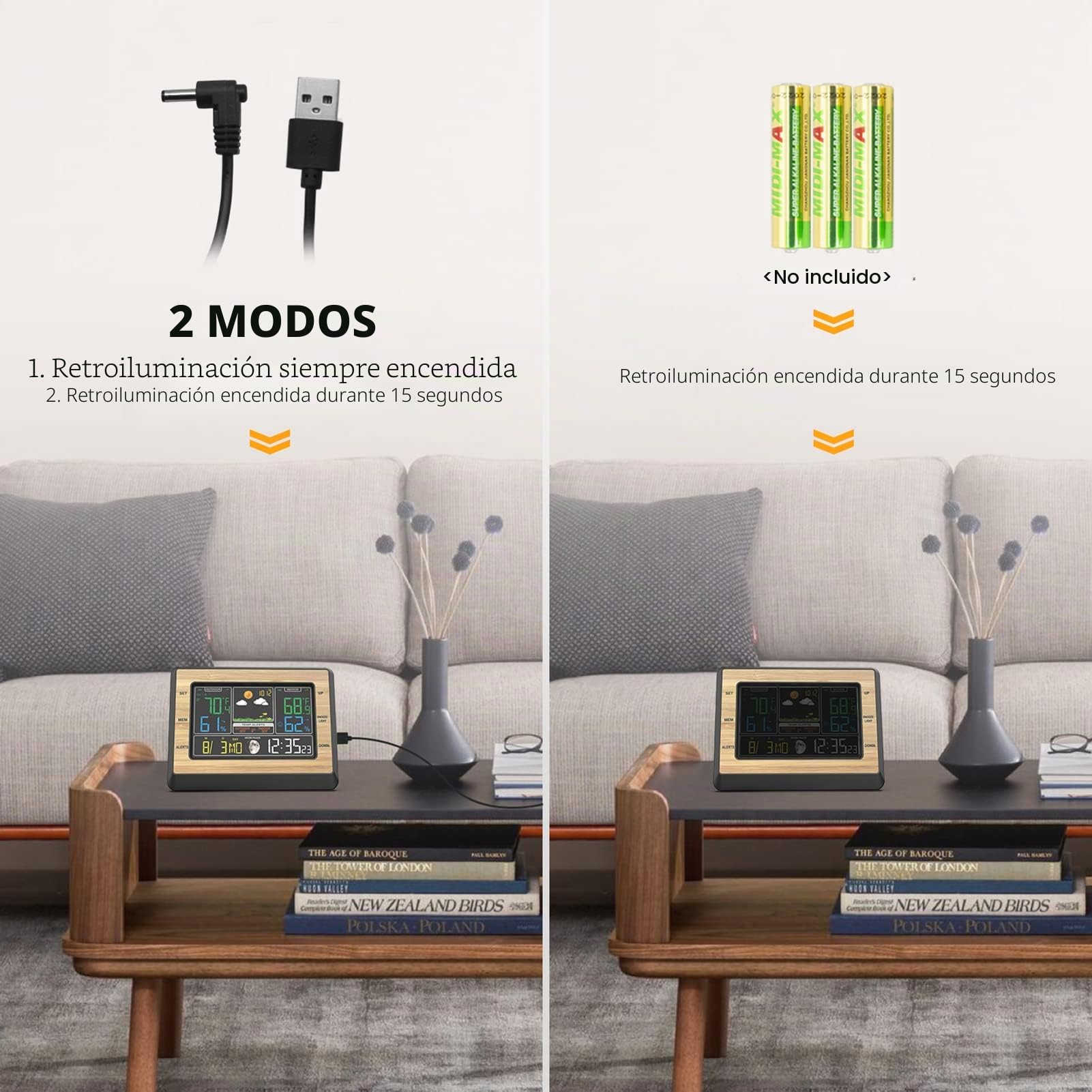 Estación Meteorológica Inalámbrica con Sensor Exterior, Termómetro Higrómetro Barómetro Interior Exterior, Pantalla LCD con Alarma Fecha Pronóstico del Tiempo Fase Lunar Despertador