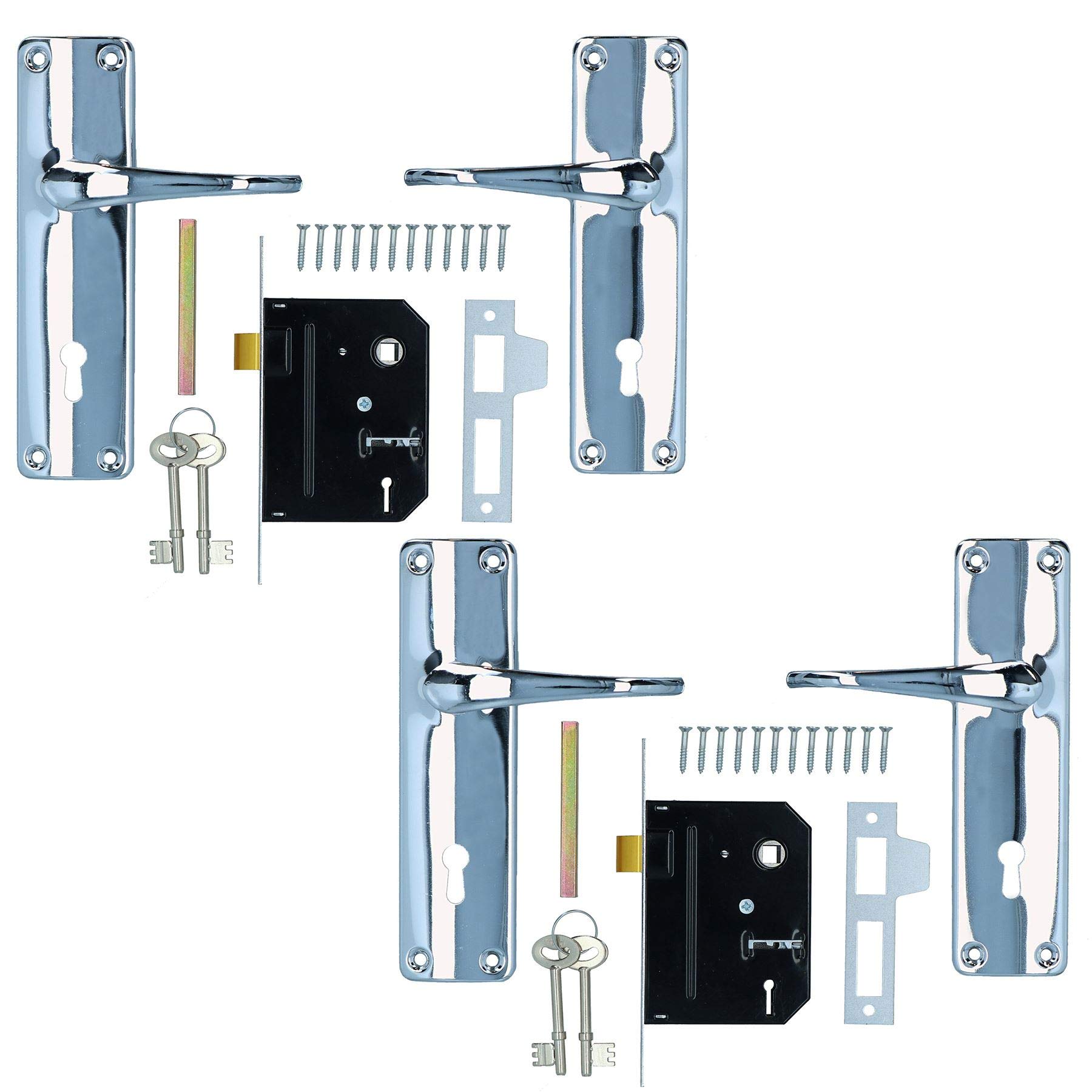 Lever Lock Set Lockable Door Handle Handles with 2 Keys + Chrome Finish 2pk