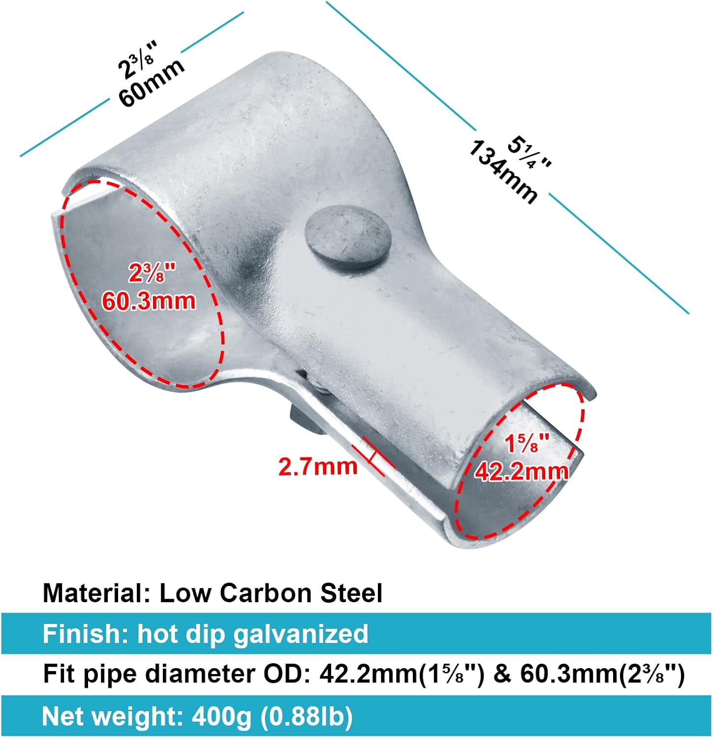6 Pack End Rail Pipe Clamps 2 1/2"(2-3/8" OD) x 1 5/8" Top Rail T Fitting for Chain Link Fence, Freestall, Corral Panel, 7/64" Thick