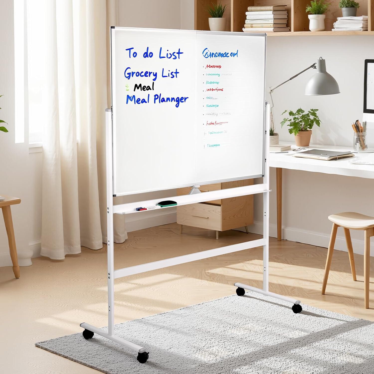 Mobile Dry Erase Rolling Whiteboard for Business Reception & Training Sessions, Double-Sided Magnetic Board with Height Adjustable Stand and Lockable Wheels