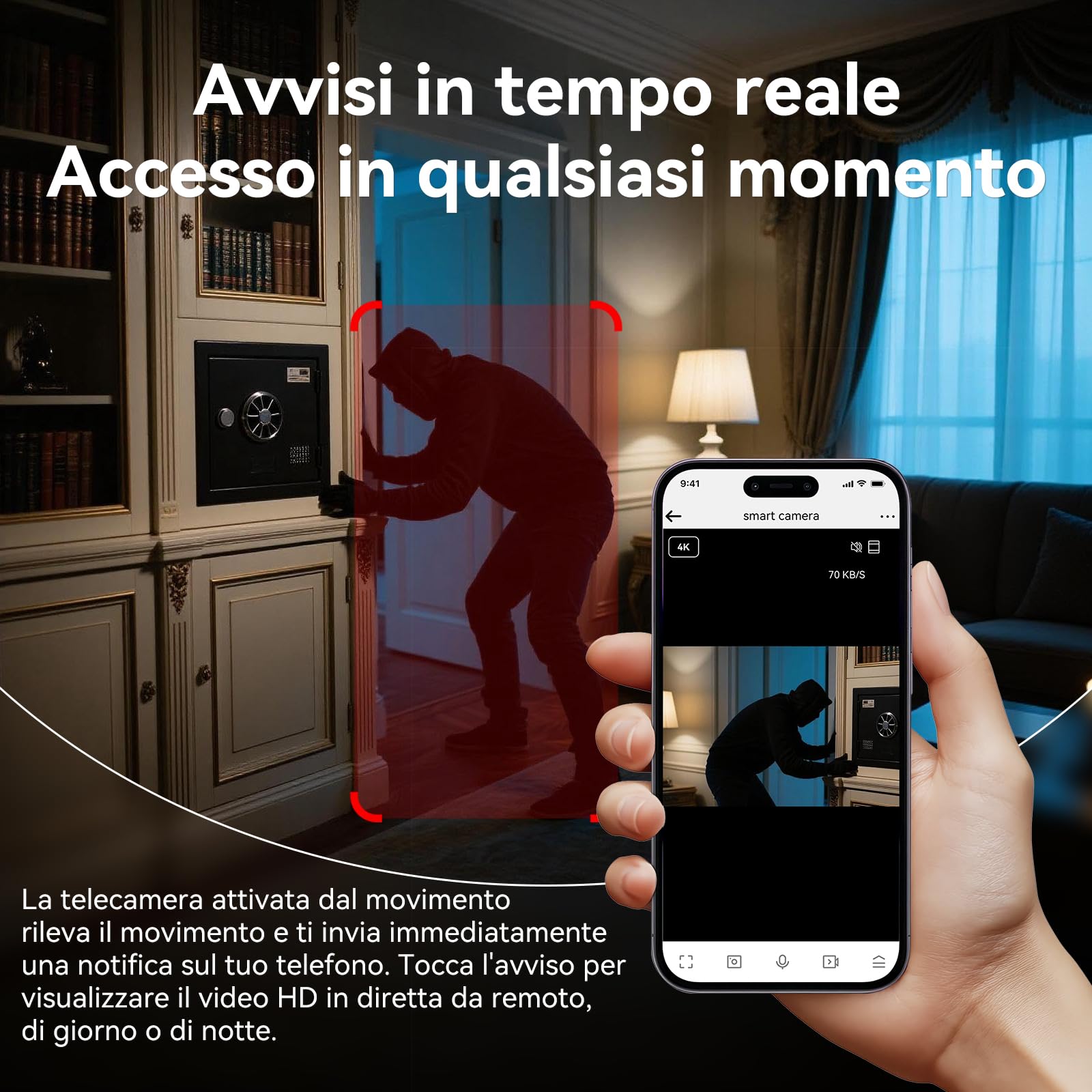 Telecamera Spia 4K, Telecamera Nascosta Spia con Sveglia， Angolo 150°, Rilevamento Movimento, Visione Notturna- Mini telecamera di sicurezza domestica con sveglia integrata