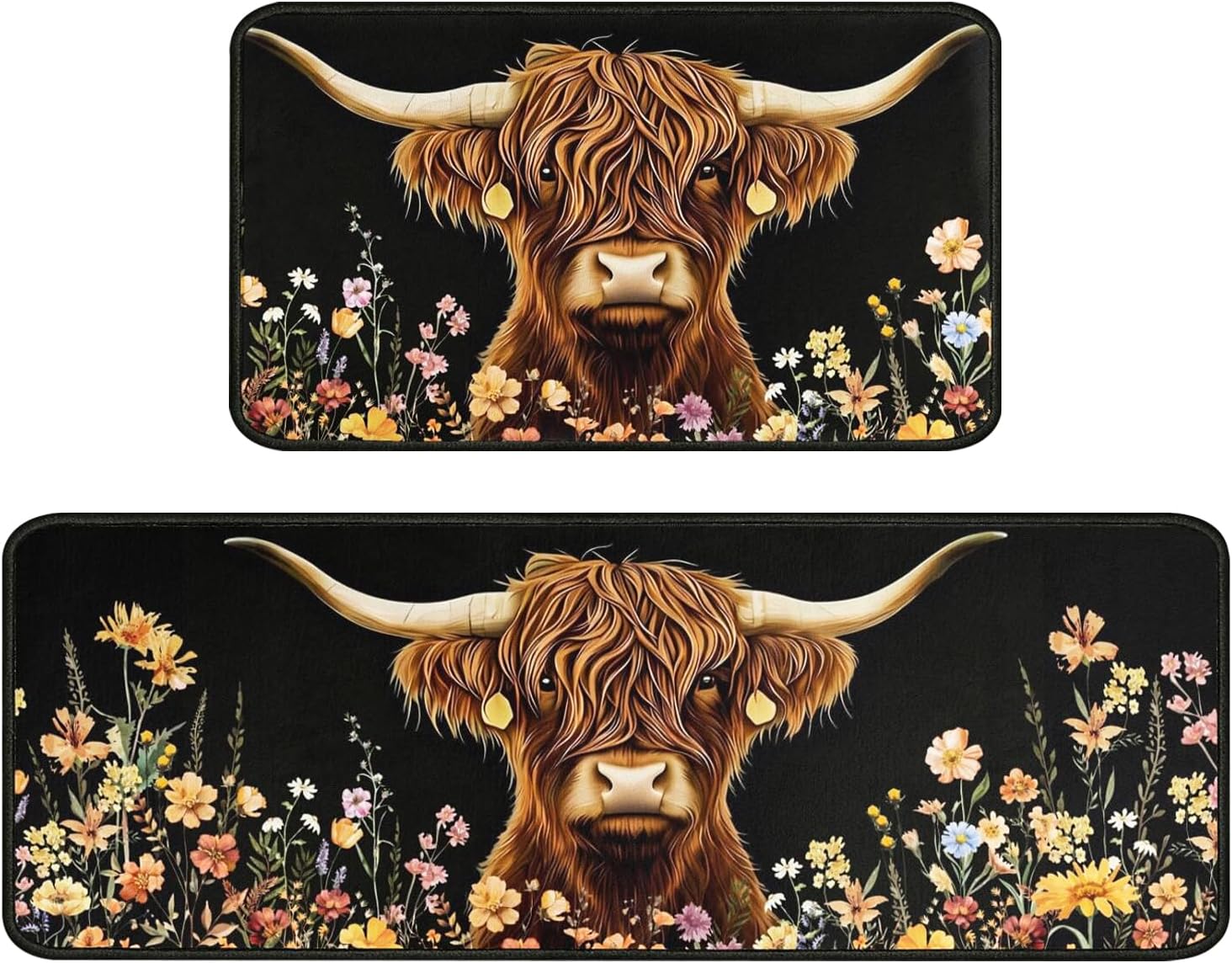 Faptoena Highland Cow Kitchen Rugs Set of 2, Floral Kitchen Mats for Floor, Non-Slip Washable Sink Mats Home Decor, 17x30 inch Doormat+17x47 inch Runner Rug