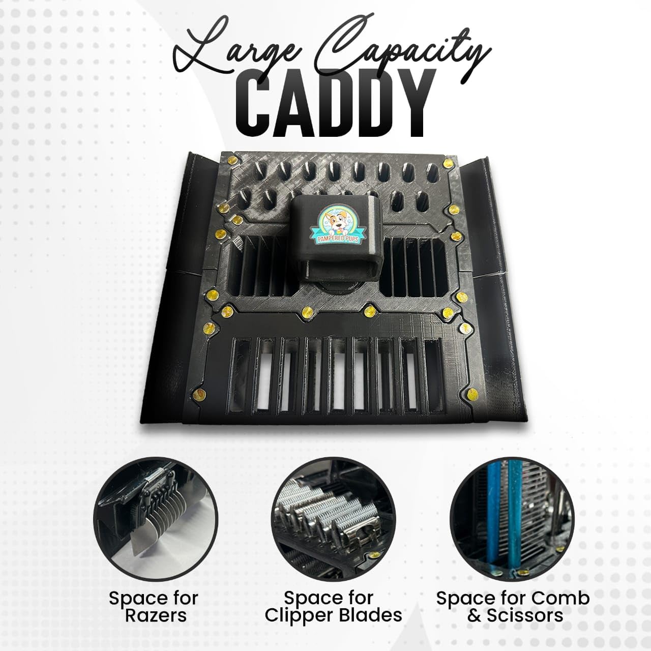 Grooming Caddy - Portable Pet Grooming Tools Caddy, Pet Grooming Tool Holder, Shears, Clipper Blades Rack, Comb Holder - Black