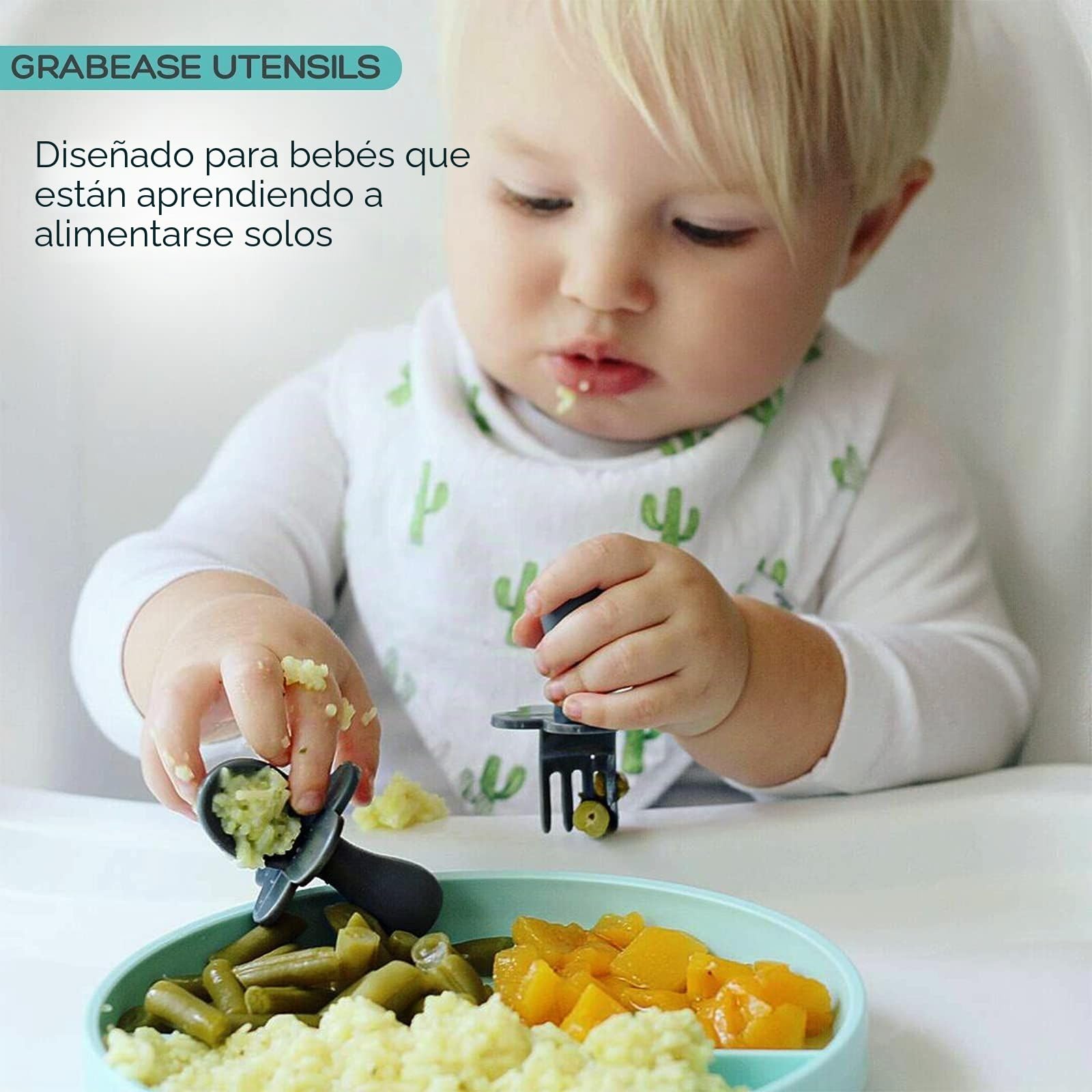 grabease Utensilios de autoalimentación, Juego de cuchara y tenedor para el destete, Con barreras protectoras para evitar el ahogo y las arcadas para Unisex Bebé Menta 2 Unidad (Paquete de 1)