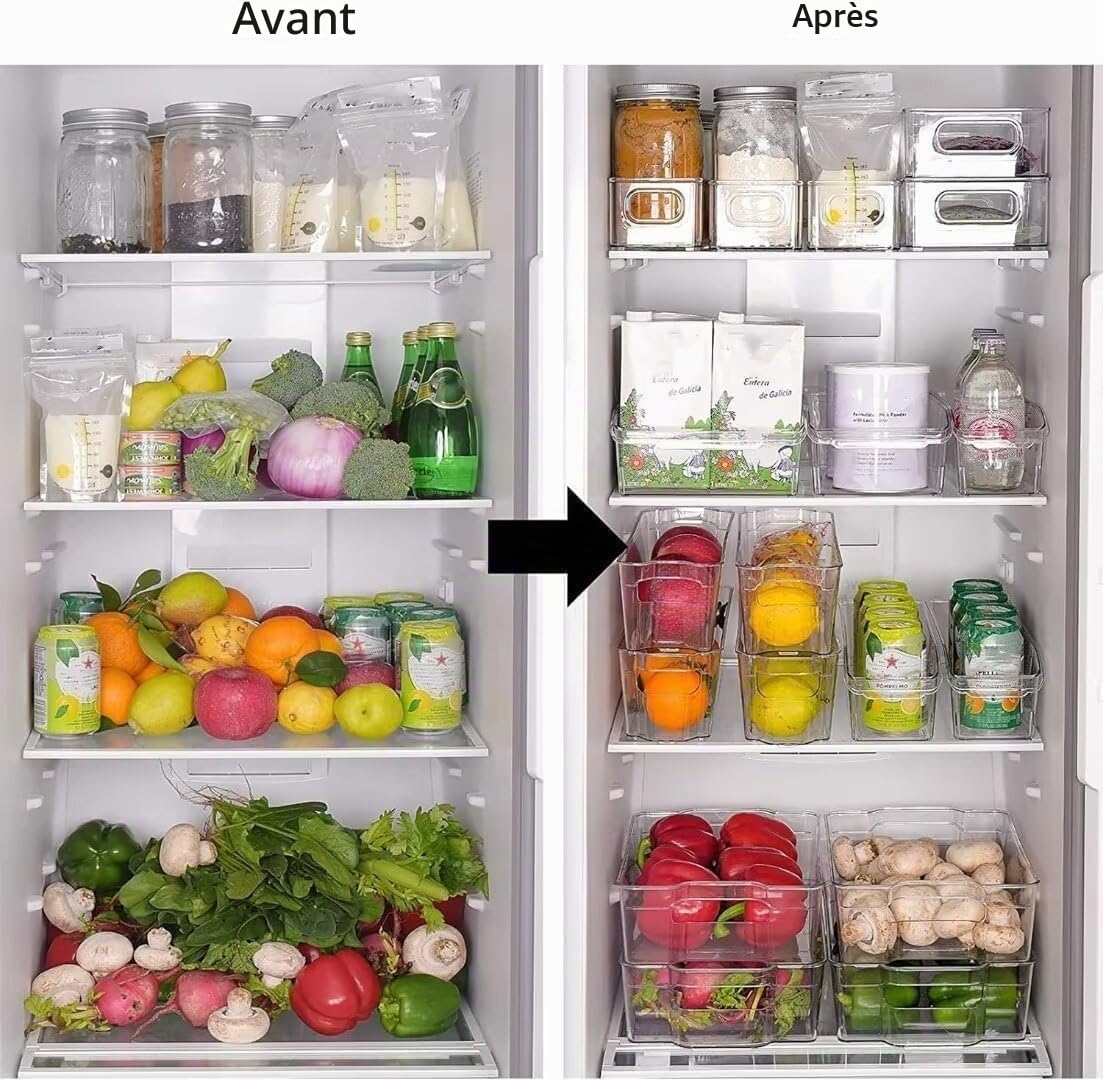 Lot de 8 Boîtes de Rangement Transparentes avec Poignées – Organisateurs Réfrigérateur Empilables sans BPA – Bacs Cuisine, Frigo, Congélateur, Salle de Bain – 25x15x7,6 cm & 25x10x7,6 cm