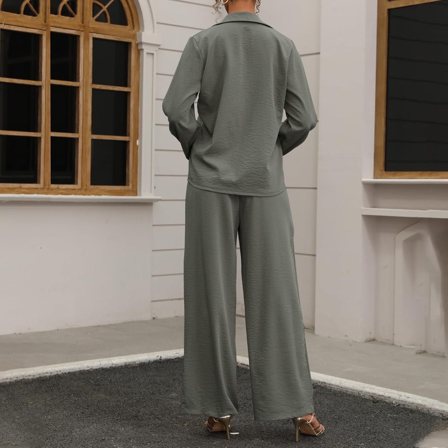 kaimimei Women's Linen 2 Piece Outfits Loungewear Set Button Down Shirt Wide Leg Pants with Pockets Comfortable Casual - Image 4