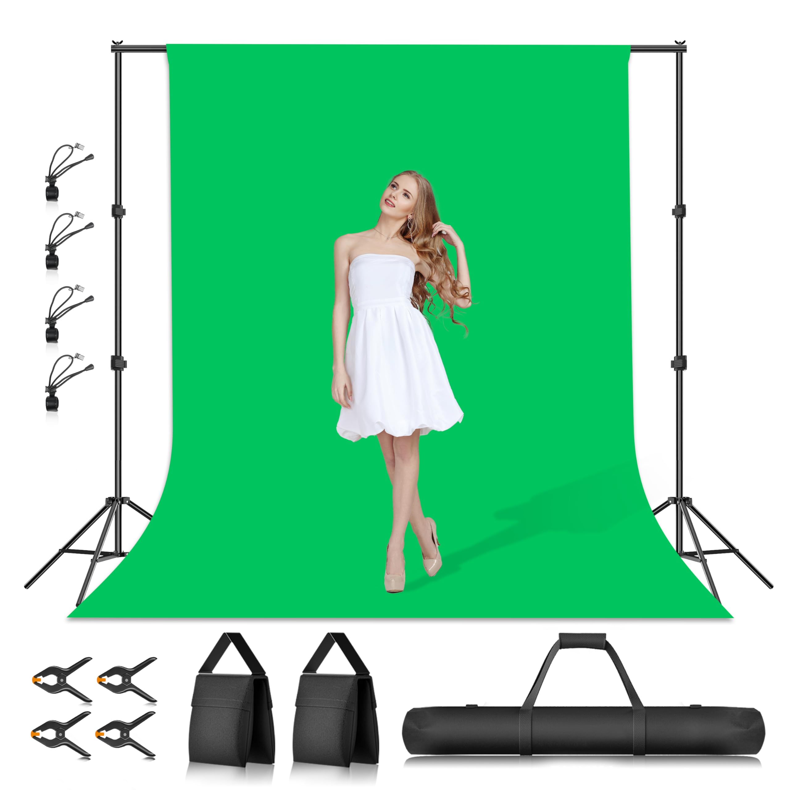 EMART Greenscreen Hintergrund mit Ständer, 2x3m Hintergrundsystem, 1,8x2,8m Grün Fotohintergrund und 8 Federklemmen Fotostudio Set für Produkt Porträt YouTube Video Fotografie | Fotografie-Hintergrundstützsystem mit 100% Baumwoll-Musselin-Hintergrund, 6 K