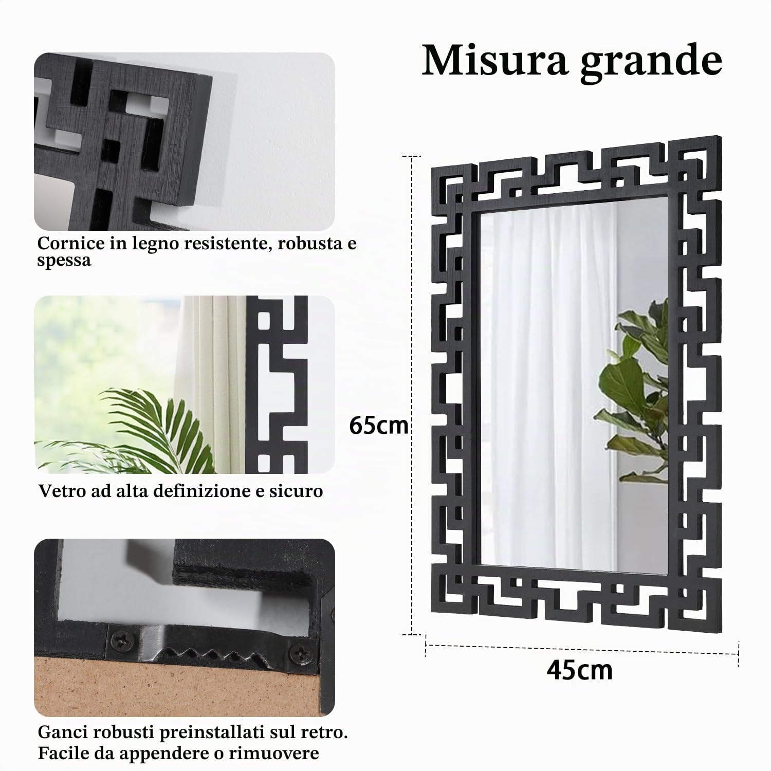 AAZZKANG Specchio decorativo da parete con cornice in legno, grande, 65 x 45 cm, moderno, rettangolare, da appendere, per camera da letto, soggiorno, bagno, corridoio, ingresso, nero