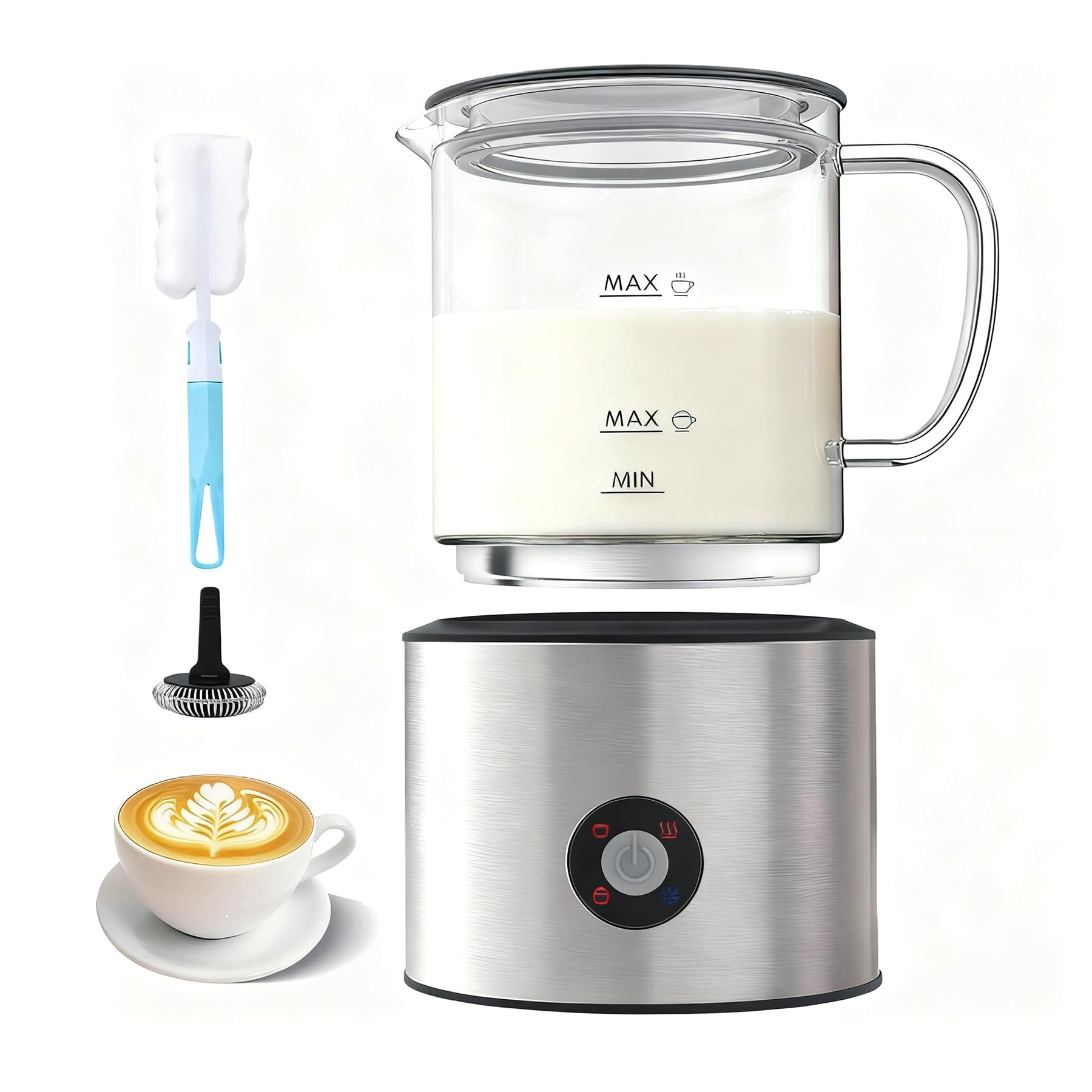 Milchaufschäumer Elektrisch 4 in 1, Milchschäumer Induktion 500ml Kalt Warm, Automatische, Spülmaschinenfest, Abnehmbar Visuelles Glas für Kaffee und Latte