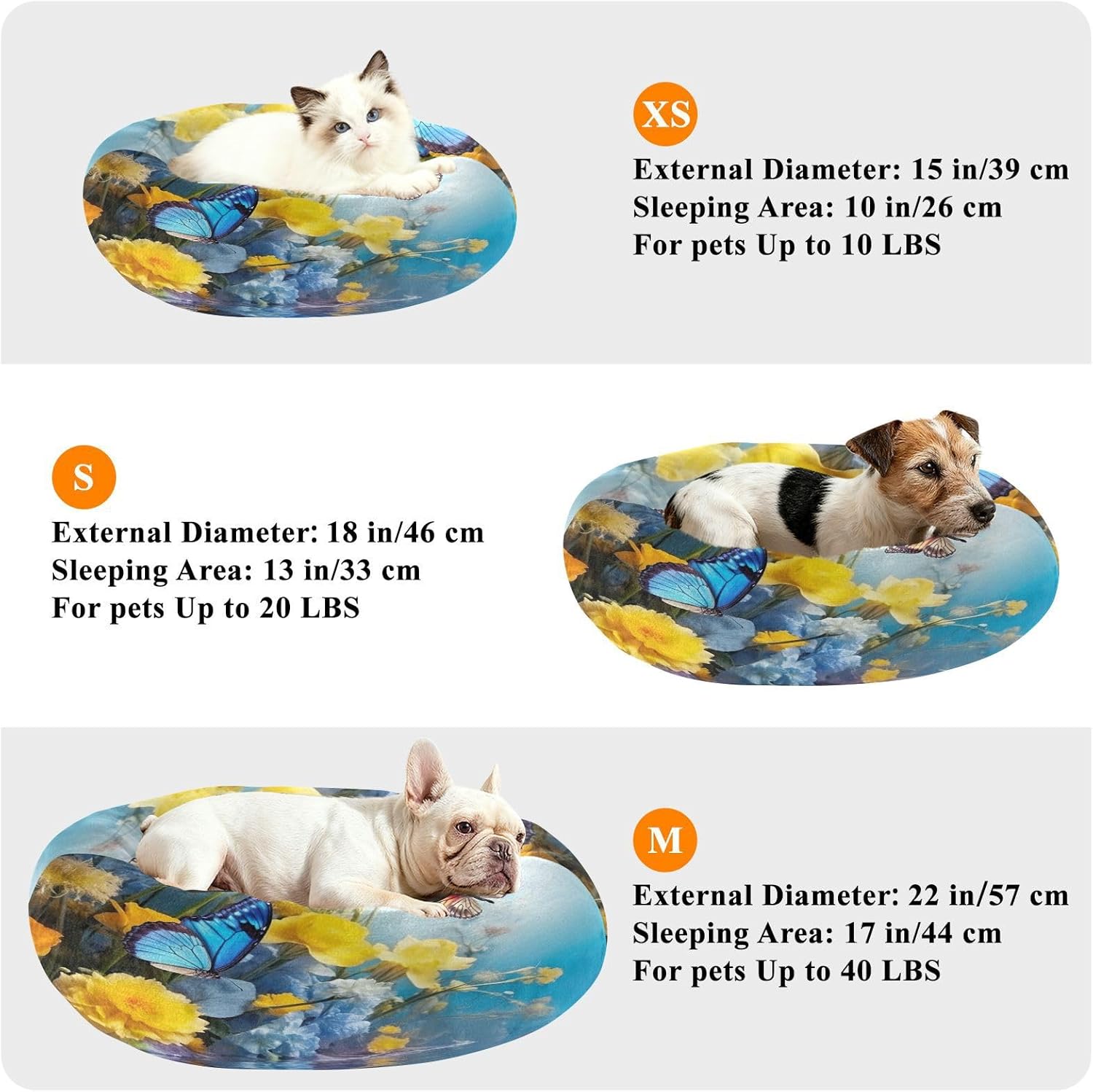 Dog Bed Ultra Soft Fluffy Comfortable Cat Bed, Blue & Yellow Flowers Washable Dog Beds Anti-Slip Round Pet Beds for Medium Dogs