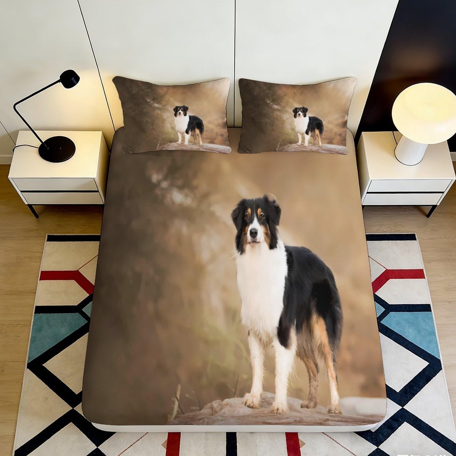 3D Printed Australian Shepherd Dog Fitted Sheet Microfiber Soft Durable Brown Bed Cover for Bedroom Dormitory Guest Room Mattress Protection 140x200x25cm