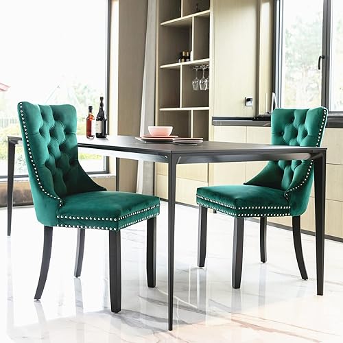 Miniatura 2 de Juego de 2 sillas de comedor modernas para comedor, cocina, silla auxiliar de terciopelo con botones acolchados, asiento y respaldo (verde)