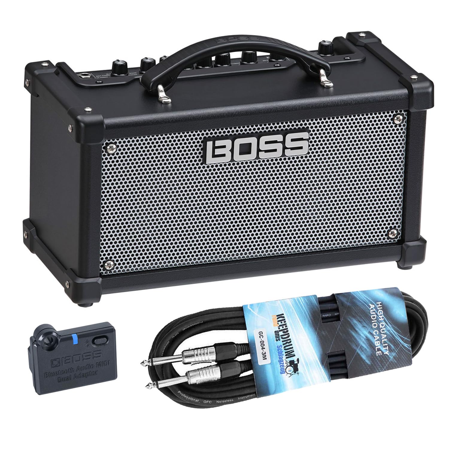 Boss Dual Cube LX Gitarren-Verstärker mit BT-Dual Bluetooth Adapter und keepdrum Kabel