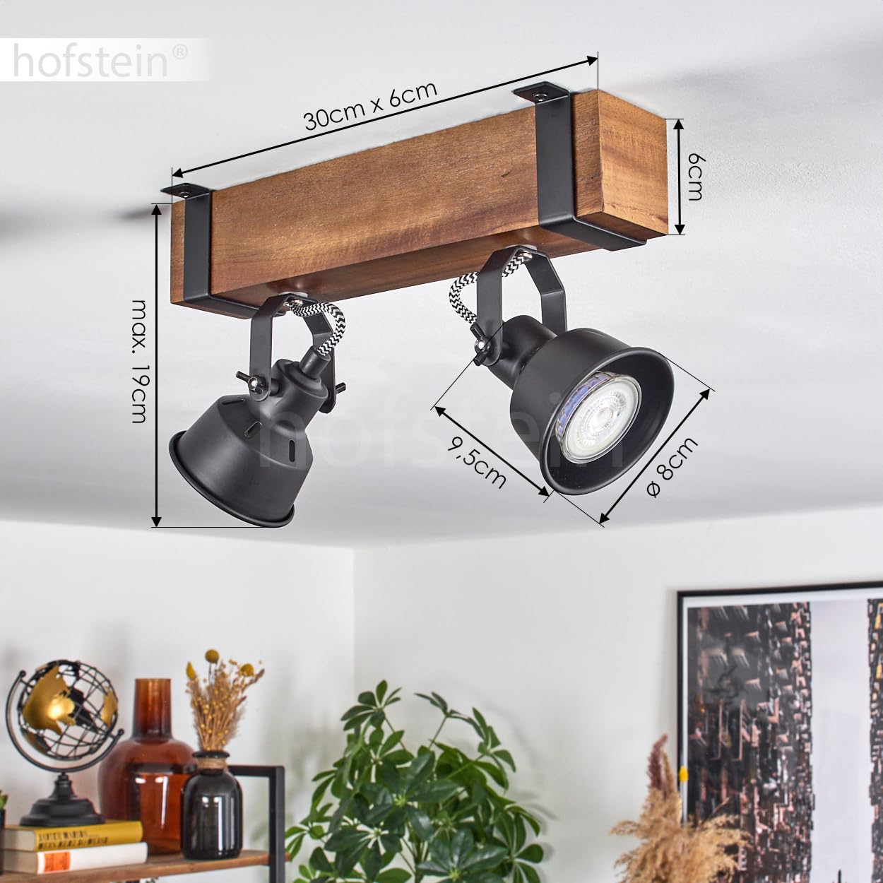 HOFSTEIN Plafondlamp Safari, moderne plafondlamp van metaal/hout in zwart/ donkerbruin, plafondlamp in industrieel design met verstelbare schermen, 2 lampen, 2 x GU10 zonder lamp