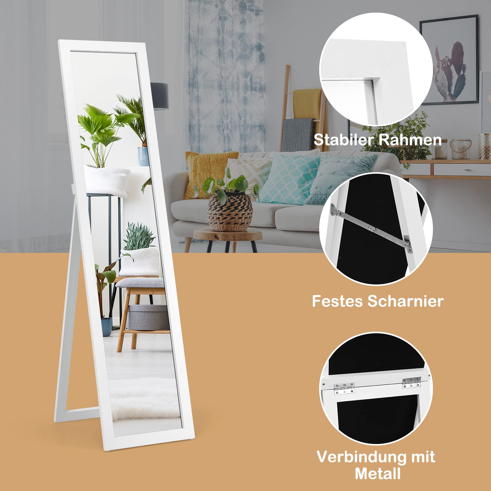 RELAX4LIFE 2 in 1 Ganzkörperspiegel, 155 x 37 cm, rustikale Standspiegel & Wandspiegel, Ankleidespiegel mit Holzrahmen & Hartglas, verstellbar & freistehend, für Schlafzimmer, Garderobe, Flur, Weiß