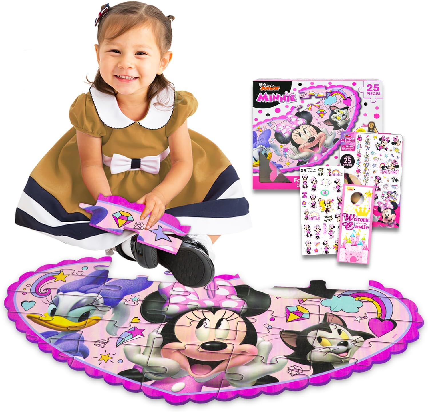 Minnie Mouse Floor Puzzle Set - Bundle with 25 Pc Minnie Foam Floor Puzzle for Kids with Minnie Stickers, Tattoos, More | Minnie Mouse Jigsaw Puzzles for Girls