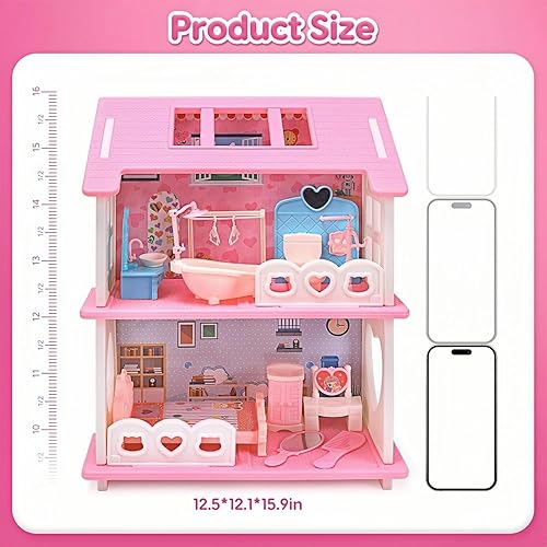 Miniatura 2 de Casa de muñecas, con sala de estar, dormitorio, baño, muebles de cocina, casa de muñecas de doble cara con 1 muñeca, 3 juegos de ropa, luces, Casa