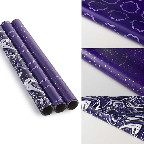 Miniatura 2 de GAKA Rollo de papel de regalo (púrpura), 3 diseños diferentes de papel de regalo adecuado para Halloween, Acción de Gracias, Navidad, cumpleaños,