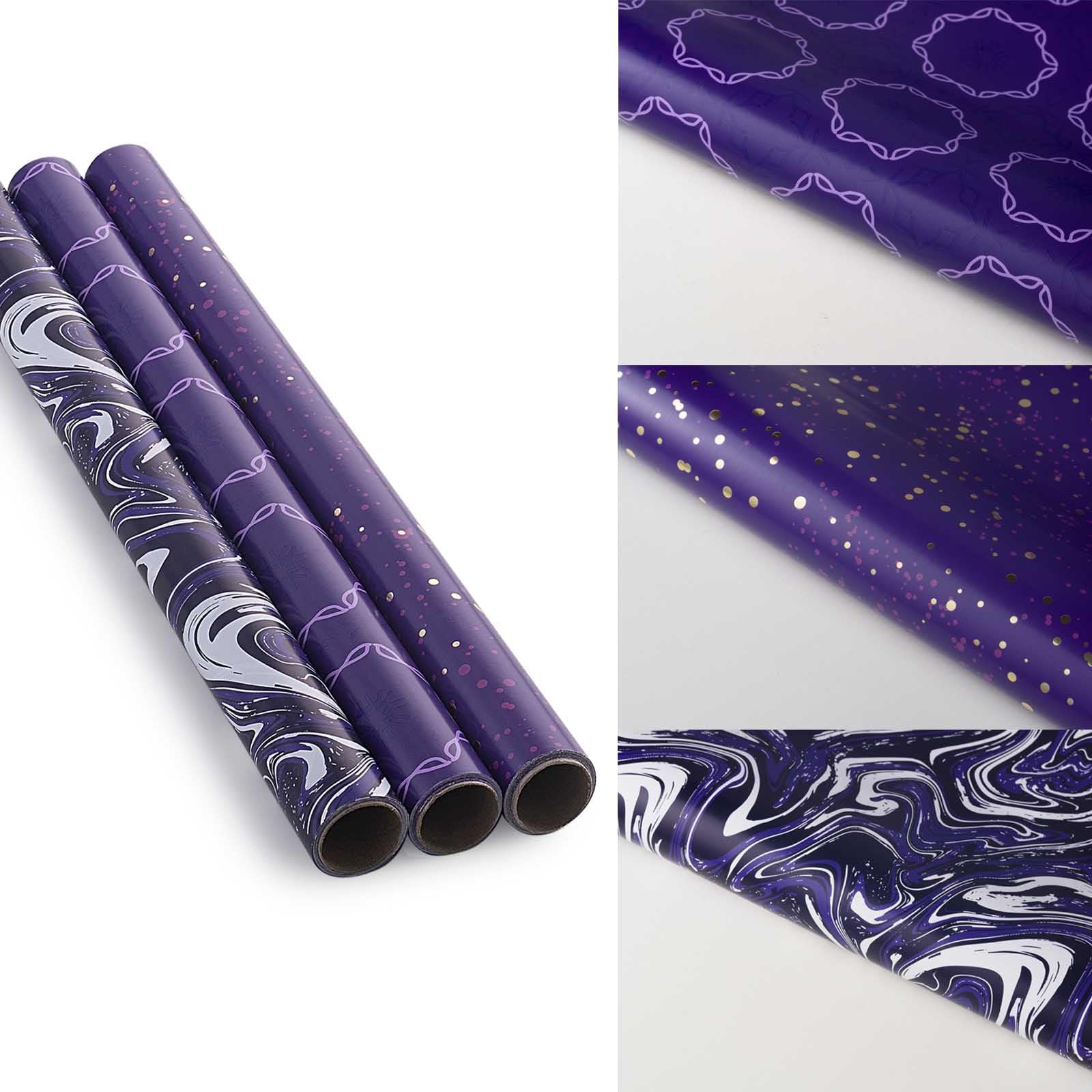 GAKA Rollo de papel de regalo, morado, 3 diseños diferentes de papel de regalo, adecuado para Halloween, Acción de Gracias, Navidad, cumpleaños, boda, regalos de graduación, embalaje de 17 x 120