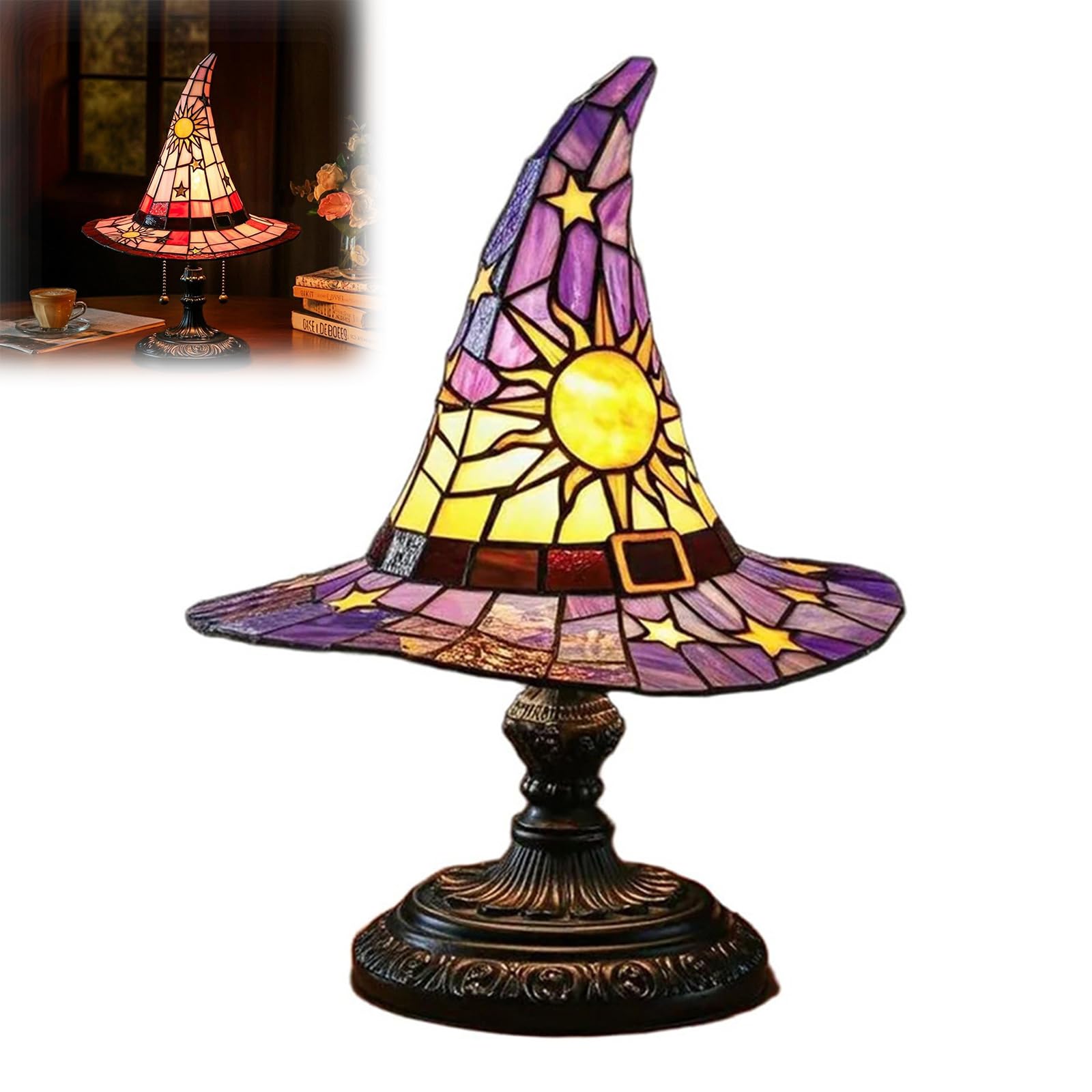 DR.AF Witch Hat Lamp, Handcrafted Retro Resin Witches Hat Lamp with USB Cable, Gothic Wizard Night Light, Halloween Decor Accent Witch Lamp for Bedroom, Bookshelf, Desk & UK Home Purple