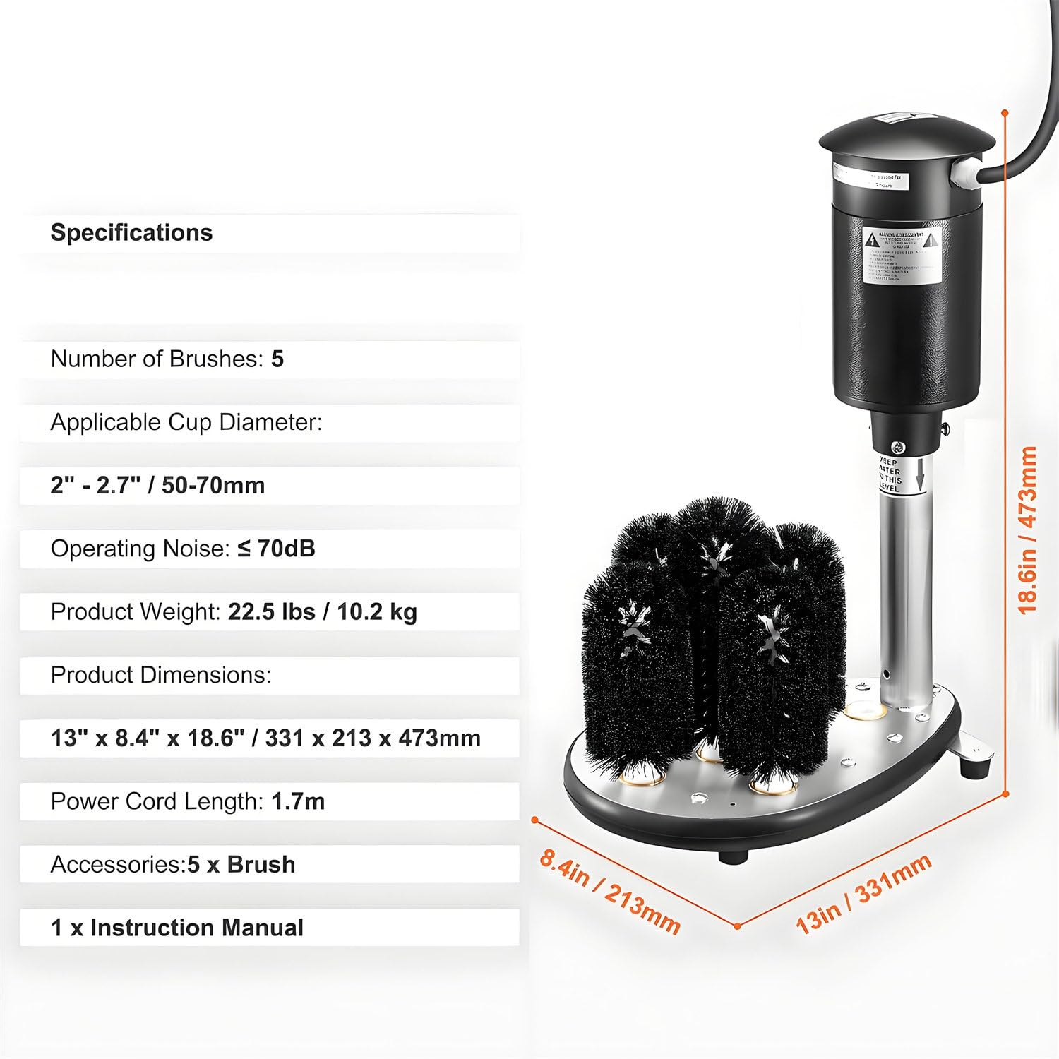 Lavadora de Vasos eléctrica Comercial de 1400 RPM con 5 cepillos extraíbles, para Vasos de Acero Inoxidable, Vertical y eléctrica.