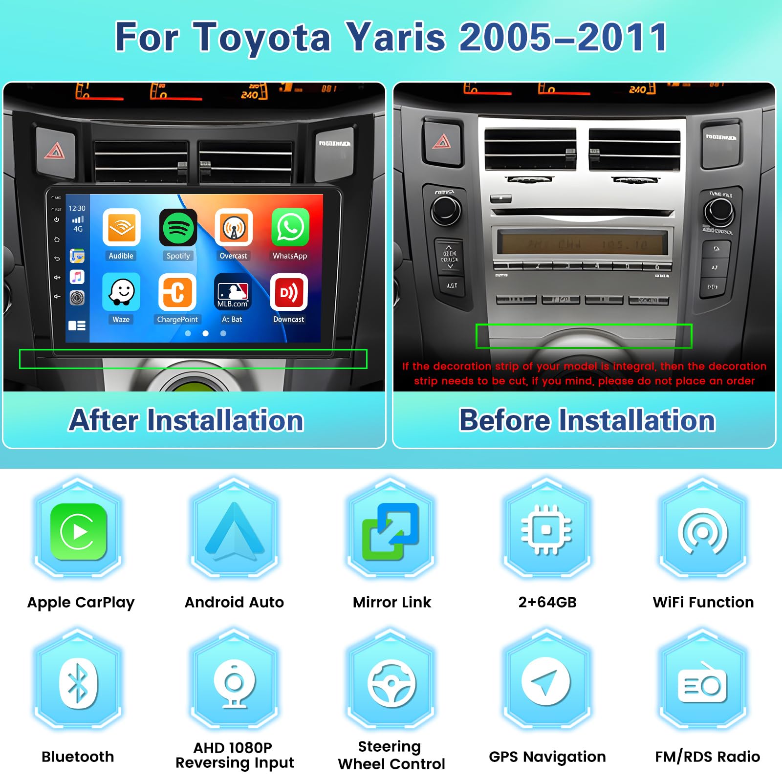 2+64GB Android 15 9" Autoradio pour Toyota Yaris 2005-2011
