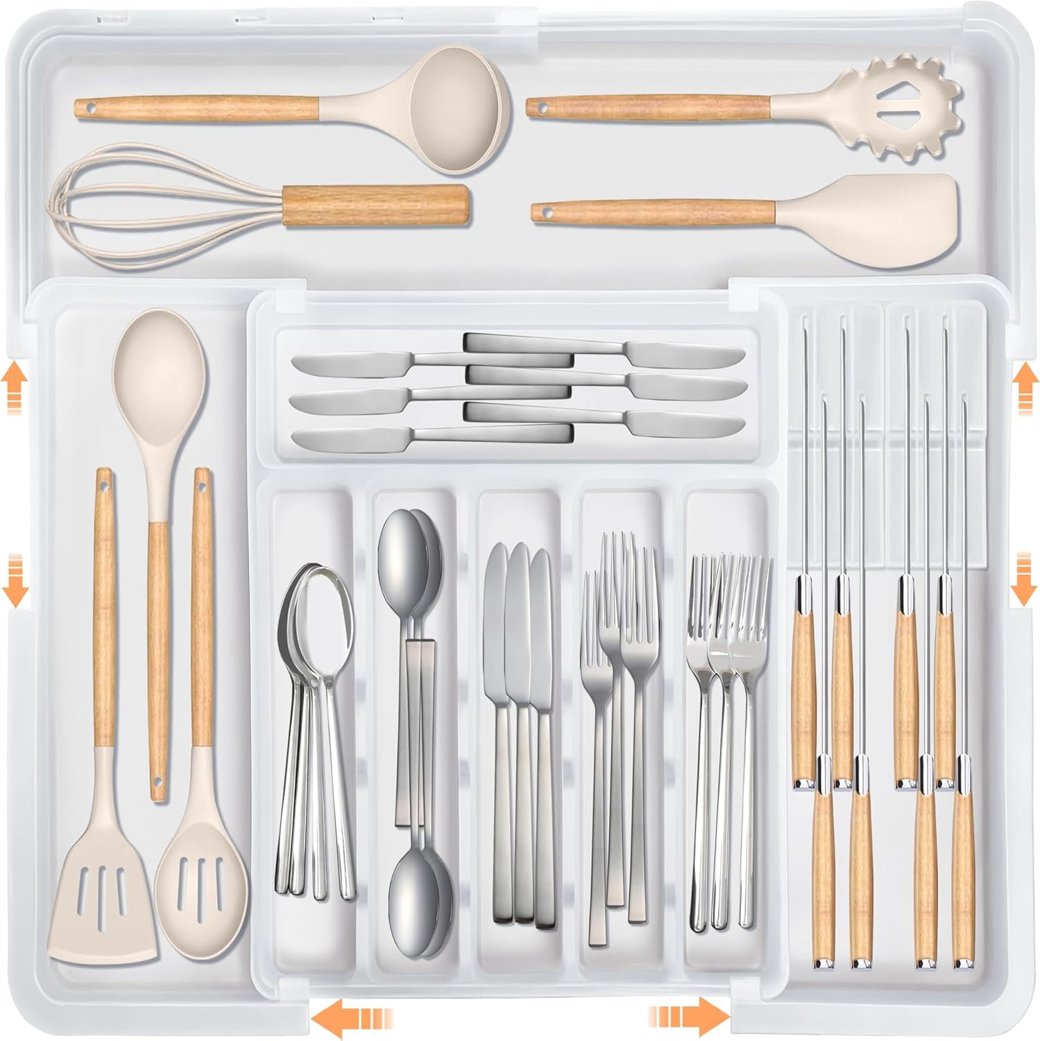 ZHUIYIWIN Cutlery Drawer Organiser, Expandable Kitchen Drawer Organiser, Expandable Utensil Tray with 2 Removable Knife Blocks, Utensil Organiser for Multipurpose Kitchen Storage (White-L)