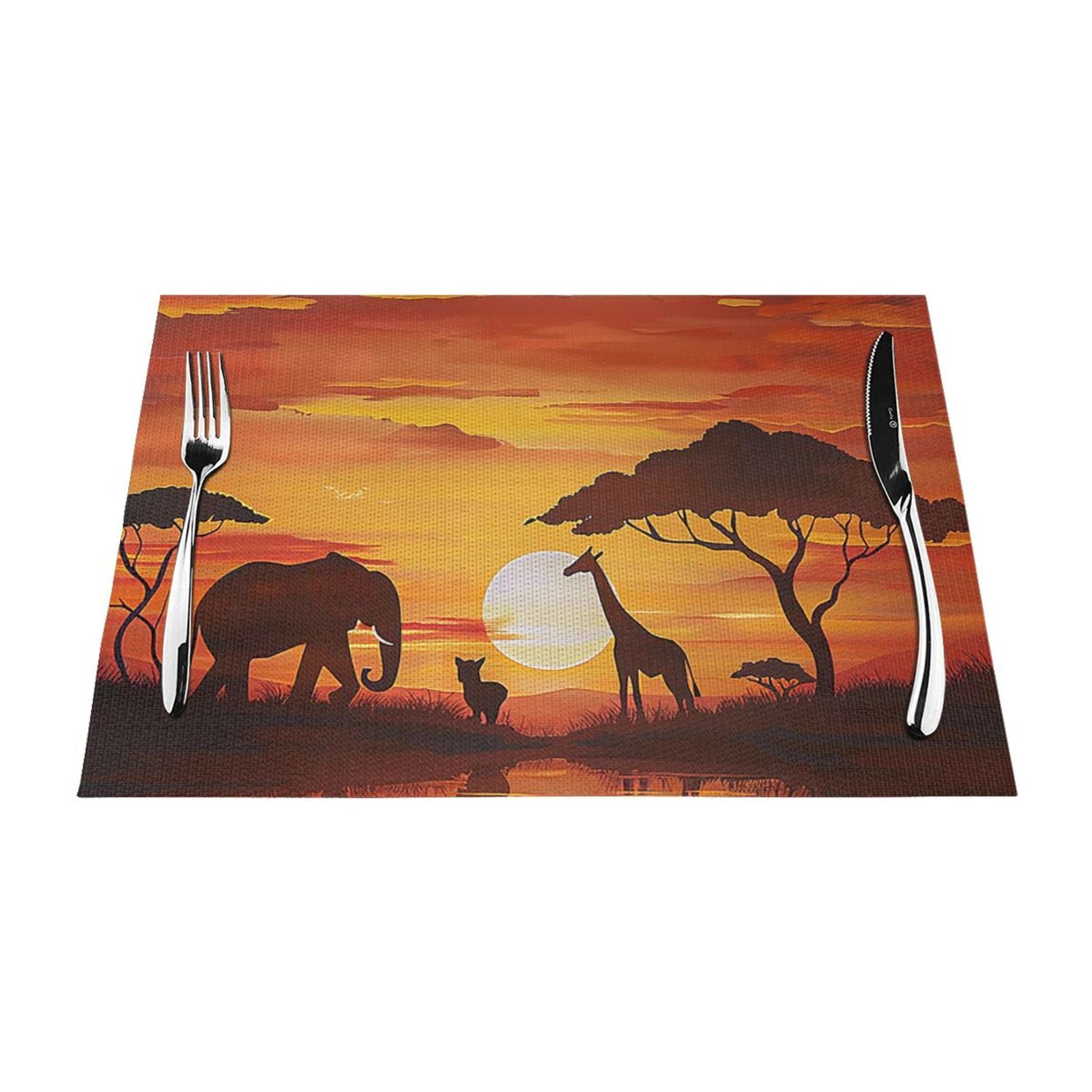 Elephant and Giraffe in The Sunset Printed PVC Placemat 4 PCS for Kitchen Dining Table Heat-resistand Washable Table Mats 18x12 in