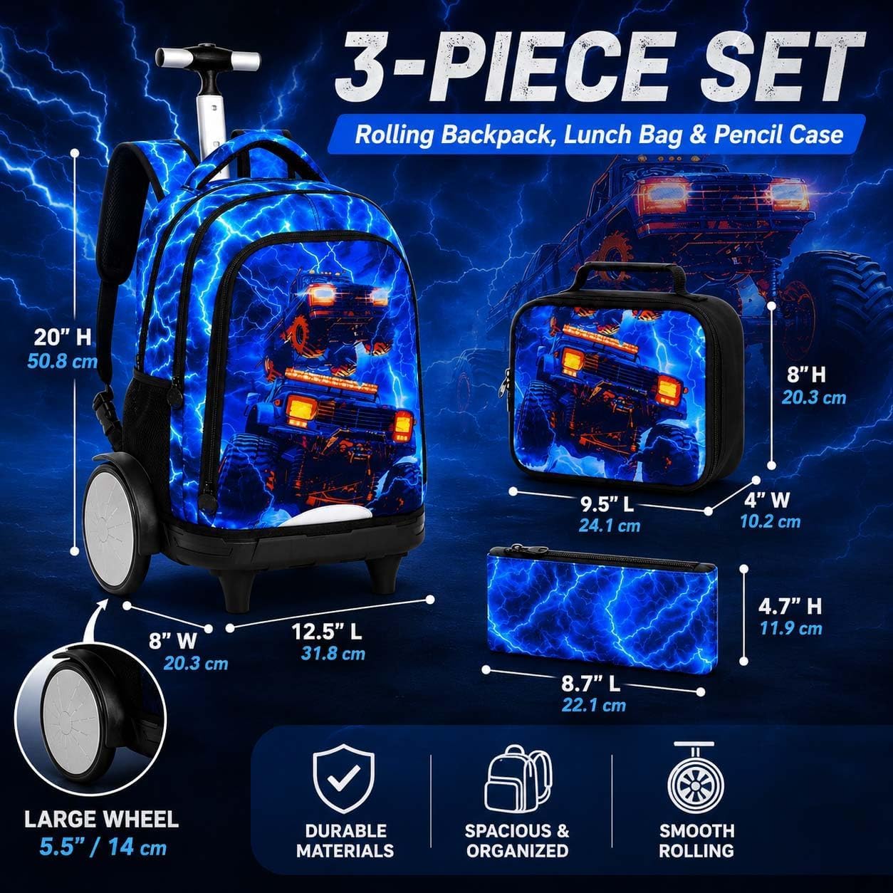 20 Inches Large Wheels Rolling Backpack for Boys with Detachable, 3Pcs Kids Lightning Truck Wheeled Backpack Set for Elementary School (Blue) image 5