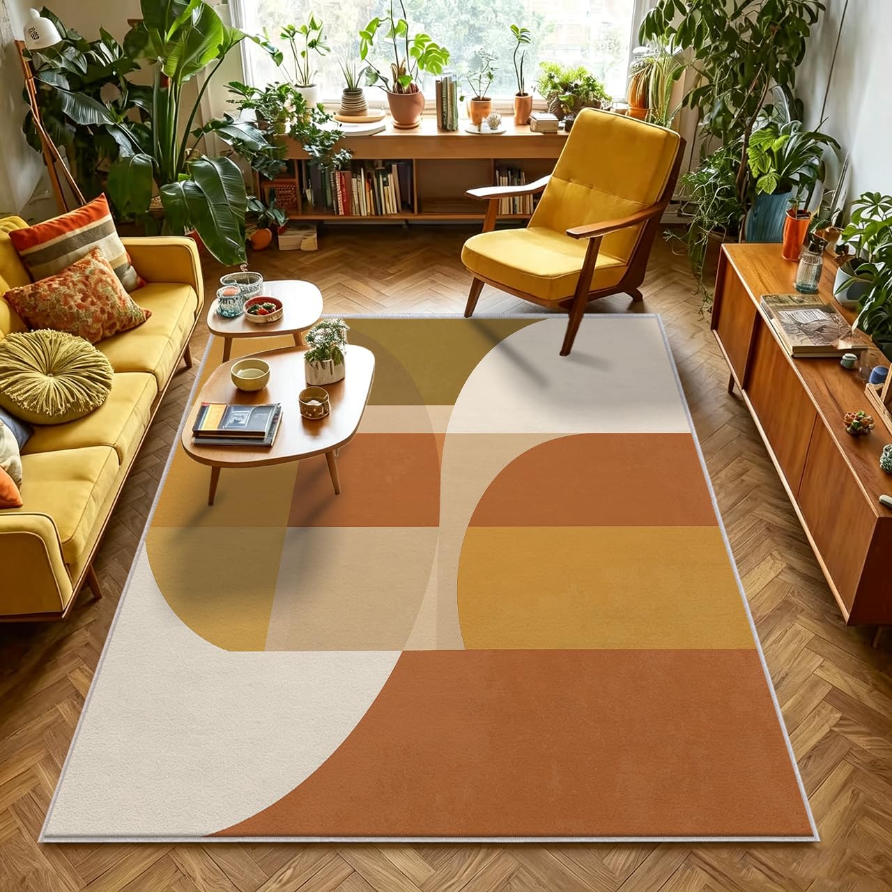 Teppich Geometrisch Wohnzimmer 140 x 200 | Mit Retro Orange Senf-Gelb Muster, Geeignet Schlafzimmer Bettvorleger, Kurzflor Rutschfest Waschbar, Geometrisch Deko