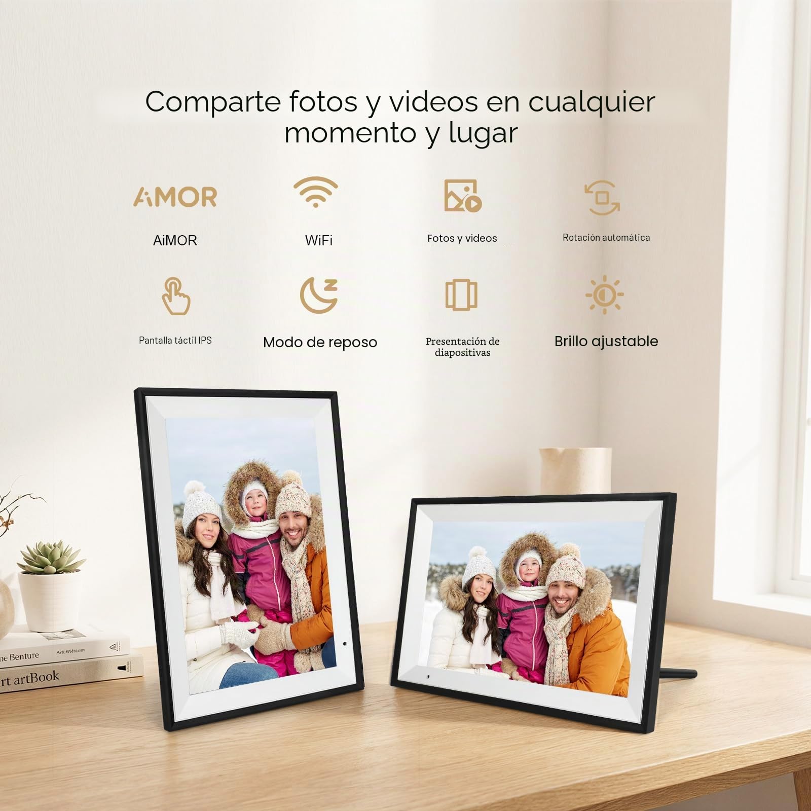 AEEZO Marco de Imagen Digital WiFi 32GB de Memoria, Pantalla táctil IPS 1280 * 800, Modo Dormitorio, Marco de Imagen Digital, Carga rápida de vídeos y Fotos a Distancia con el Software AiMOR (Negro)