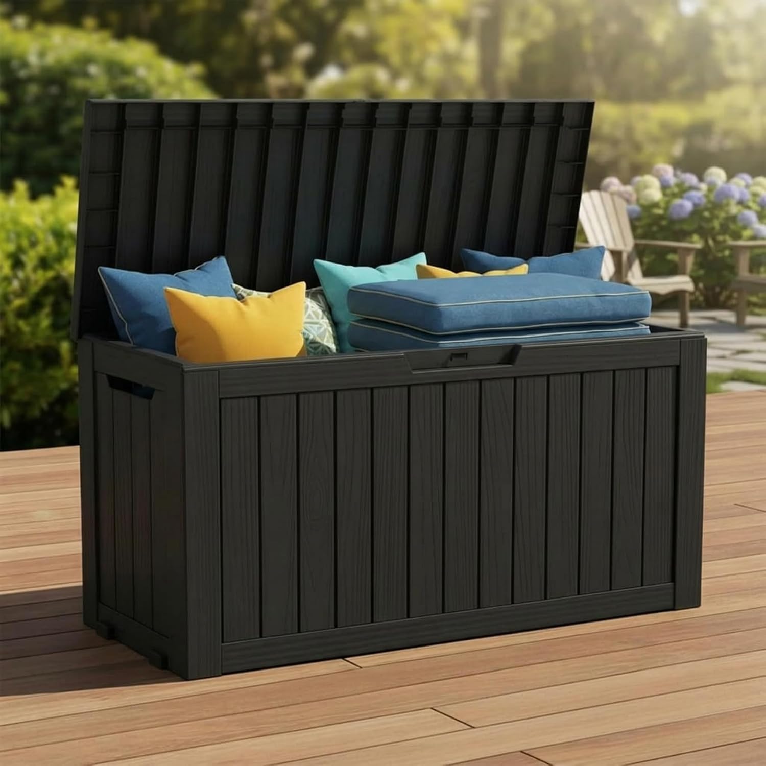 75 Gallon Resin Deck Box, Outdoor Storage Box with Lockable Lid, Waterproof Patio Furniture Cover, Garden Tool Organizer, All-Weather Bench for Deck, Pool & Yard - Black