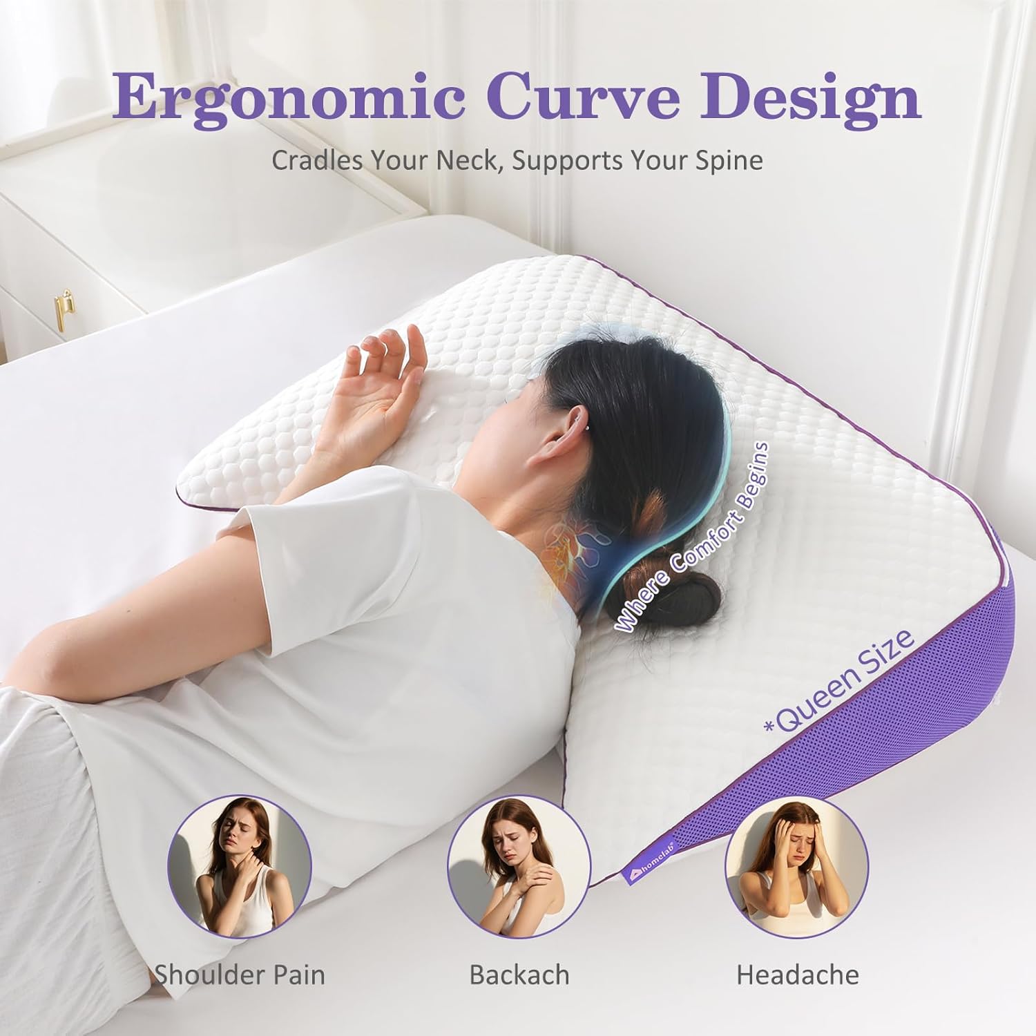 homelab adjustable shredded memory foam curve pillow queen size 29"x19", oversized crescent design for side & back sleepers, doubles as backrest for reading, lounging & relaxing, cooling cover, 1 pack queen(pack of 1) white-crescent
