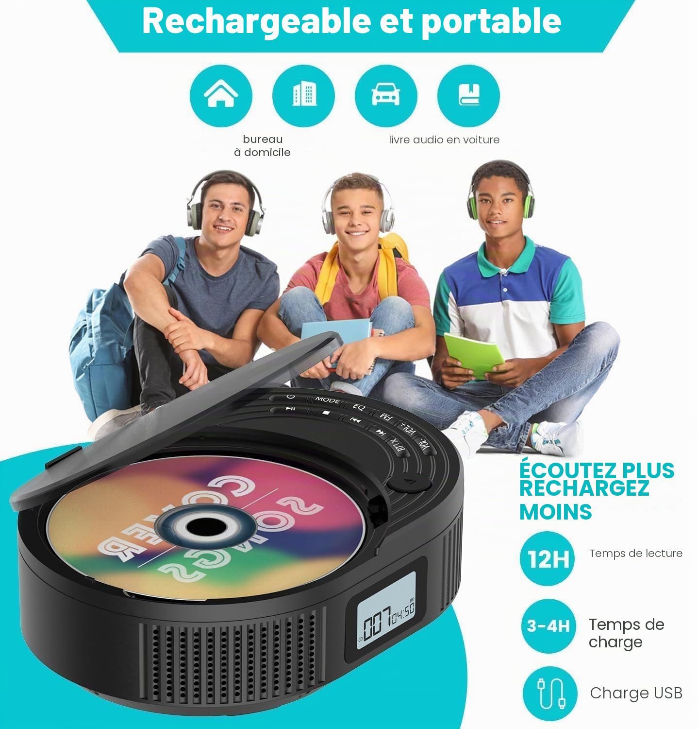 Lecteur CD Monodeal 2 en 1 avec Bluetooth et radio FM, rechargeable, portable, avec haut-parleurs, prise en charge AUX/USB