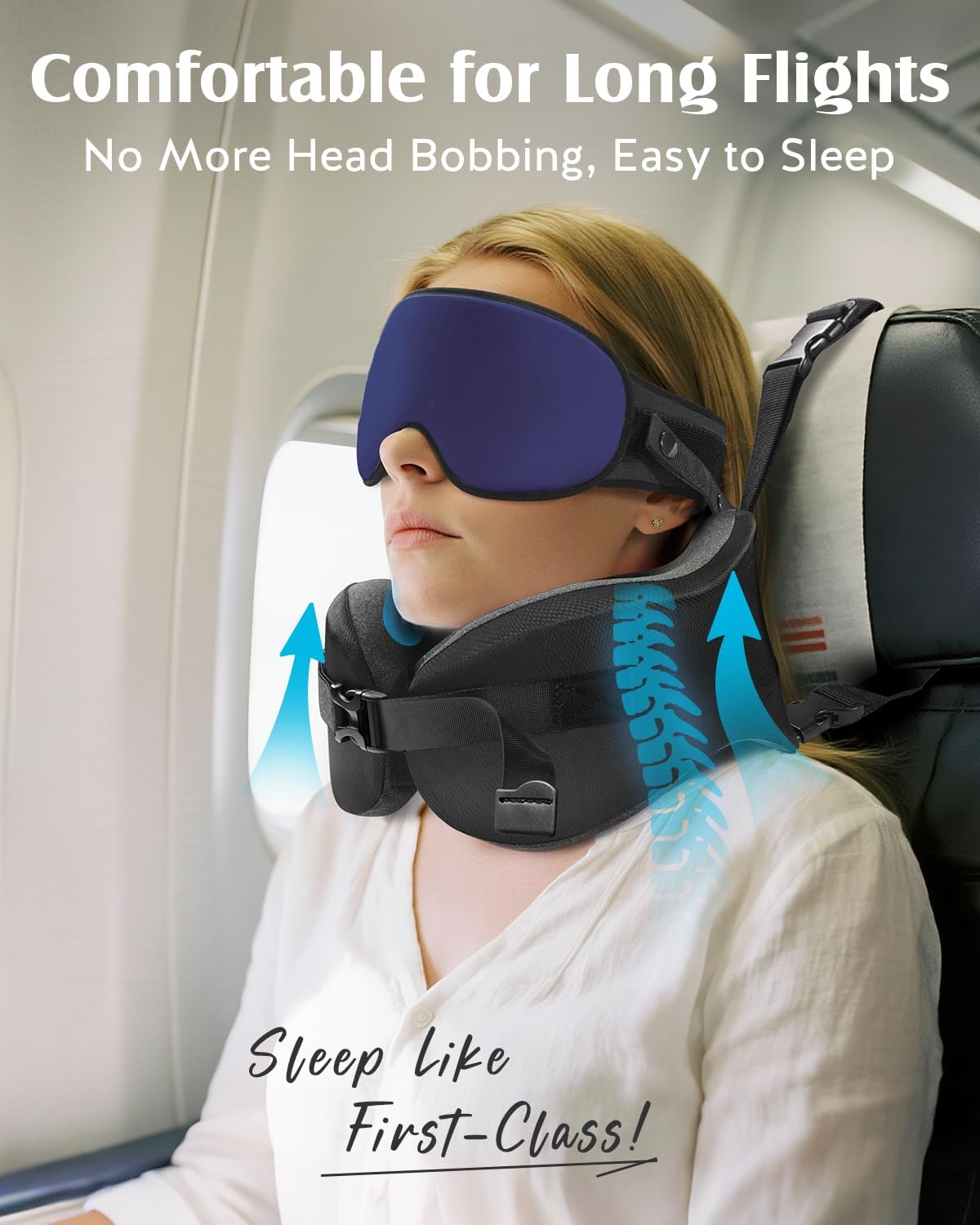 yfong travel pillow for long flight airplanes, head strap combo with 3d contoured eye mask for sleep, neck pillow for car trip essential, 360° support memory foam headrest, prevent bobbing, blue