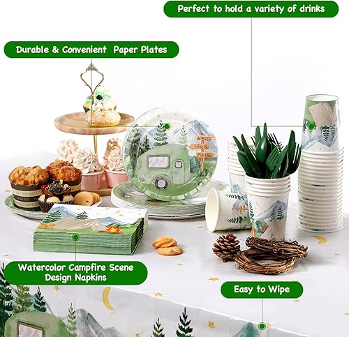 Miniatura 3 de Suministros de vajilla para fiestas de campamento para 20 invitados platos, vasos, servilletas, cubierta de mesa, juego de cubiertos, para niños,