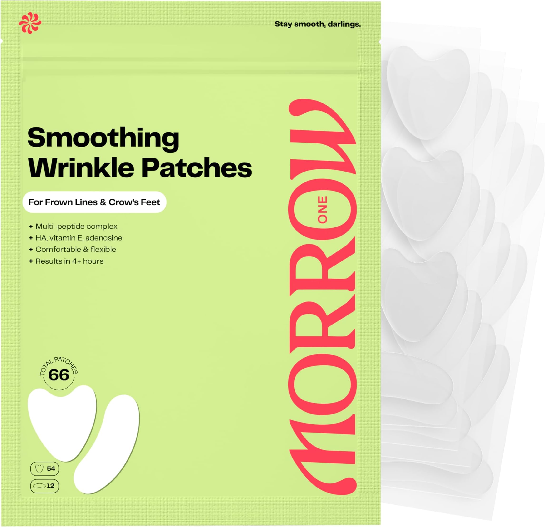 Morrow One - Peptide-Infused Smoothing Wrinkle Patches - Overnight Patches for Smoothing Fine Lines and Wrinkles, Anti Aging Stickers for Crow's Feet, Elevens, Smile Lines (66 Count)
