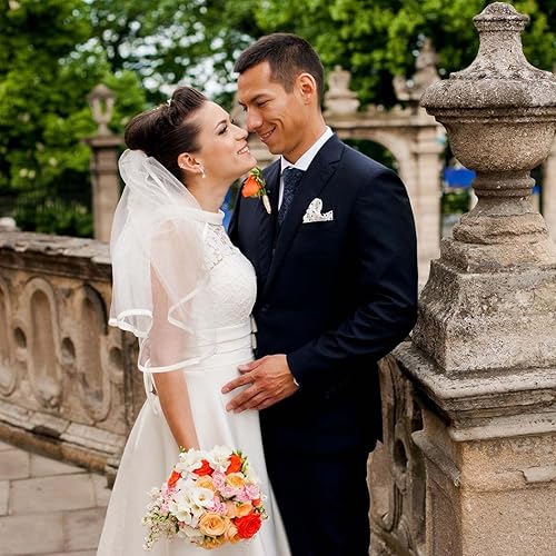 Miniatura 7 de Latious Velo de tul para novia de boda velo de tul marfil con borde de cinta simple con peine velo corto de despedida de soltera para novias y flores