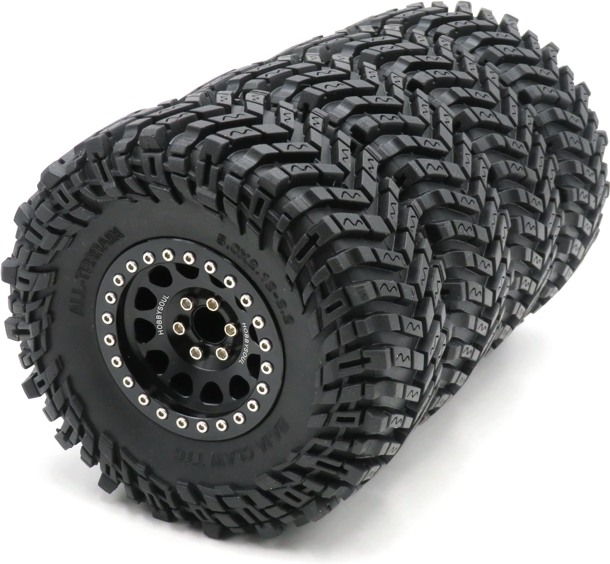 HOBBYSOUL 4pcs RC 2.2 Tires Tyres Height 127mm/5.0inch & Aluminium 2.2 Beadlock Wheels -10mm Negative Offset Rims Black Color for RC Mud Crawler All Terrain TRX4 Gen8 Capra Wraith,(Assembled)