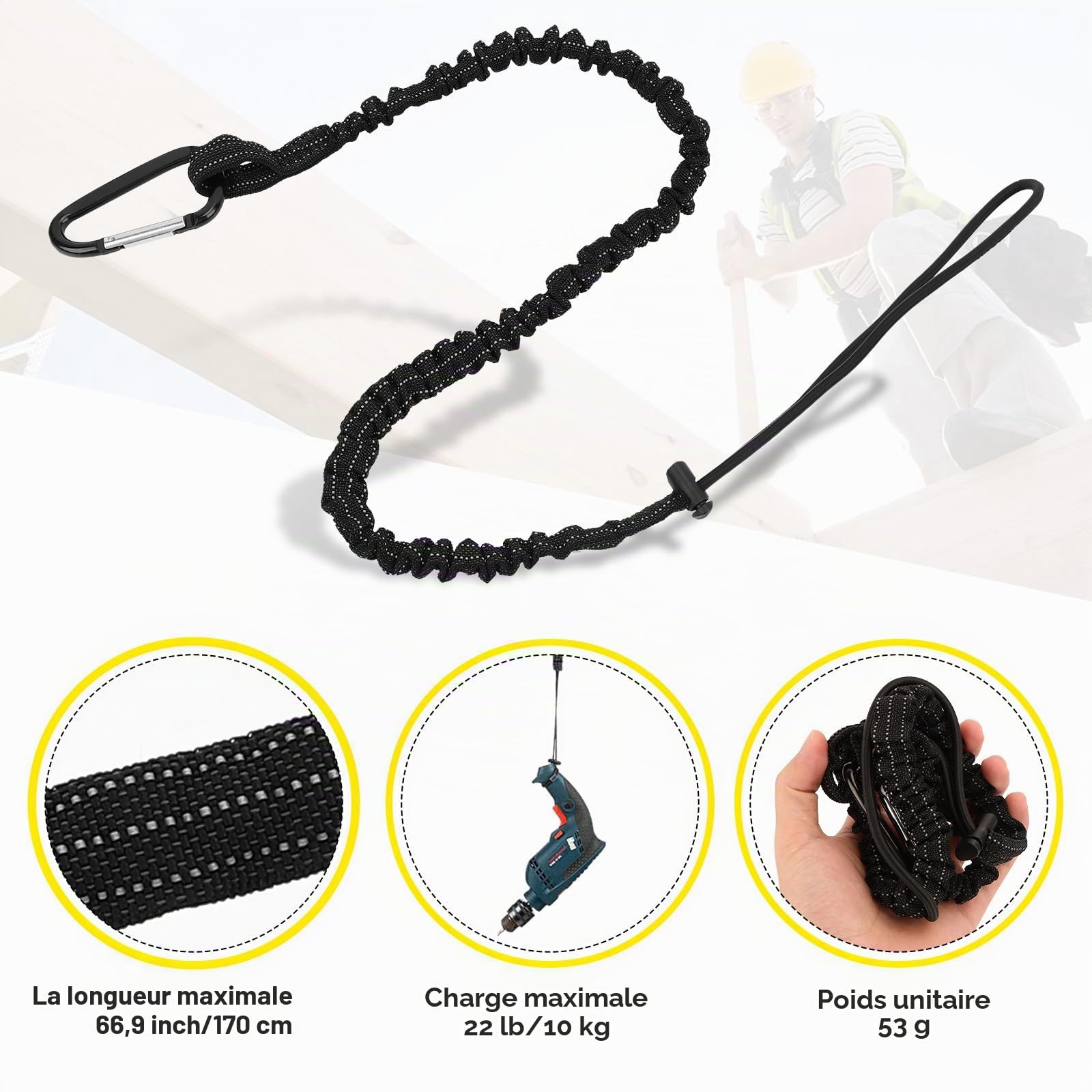 6 Pièce Longe à Outils, Cordon de Sécurité pour Travaux en Hauteur, Lanière de Sécurité avec Mousqueton, Laisse à Outil de Sécurité Rétractable, Outil de Protection Contre Les Chutes, Maximum 15KG