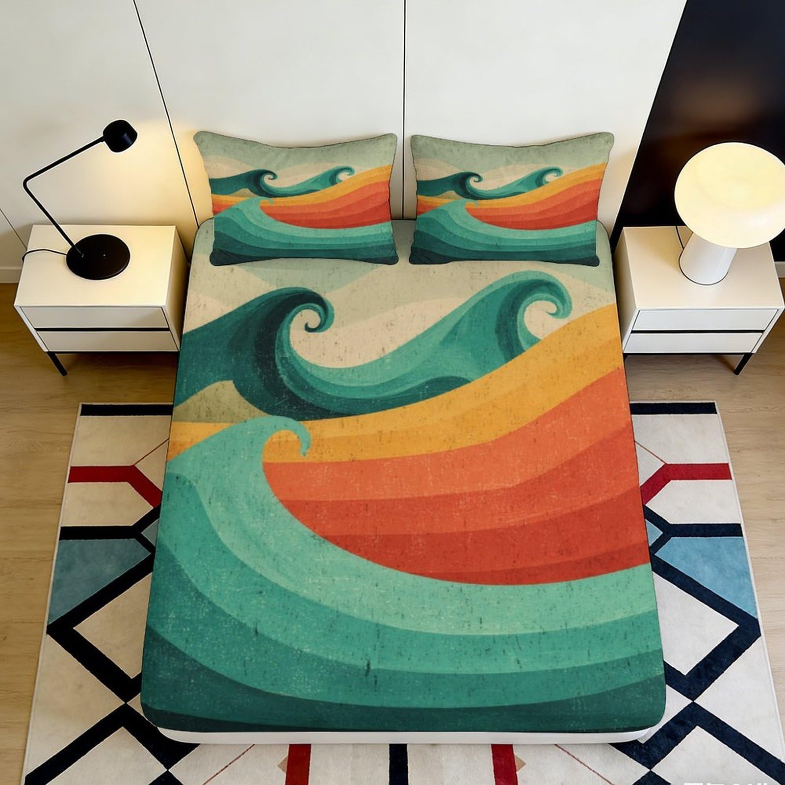 Jqzkxnhpbr Style-10 3D Printed Retro Ocean Wave Fitted Sheet Microfiber Soft Colorful Abstract Bed Cover For Bedroom Dorm Decor 90X200x25cm