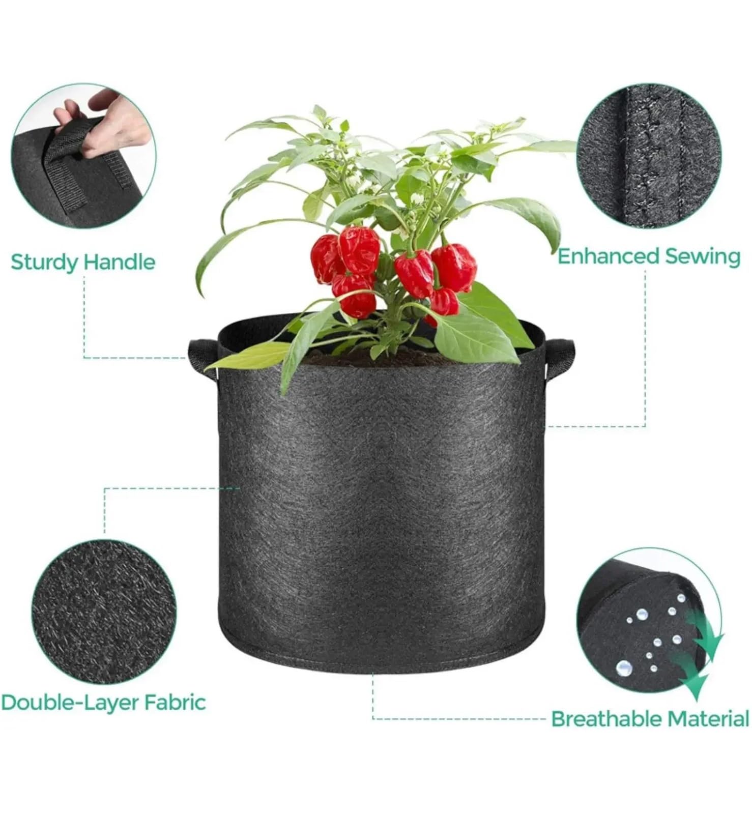 Lot de 5 Sacs Culture en Tissu avec poignées (Capacités Disponibles : 3 gallons, 4, 7, 30 gallons) pour Plantes(30gallons 60x40cm)