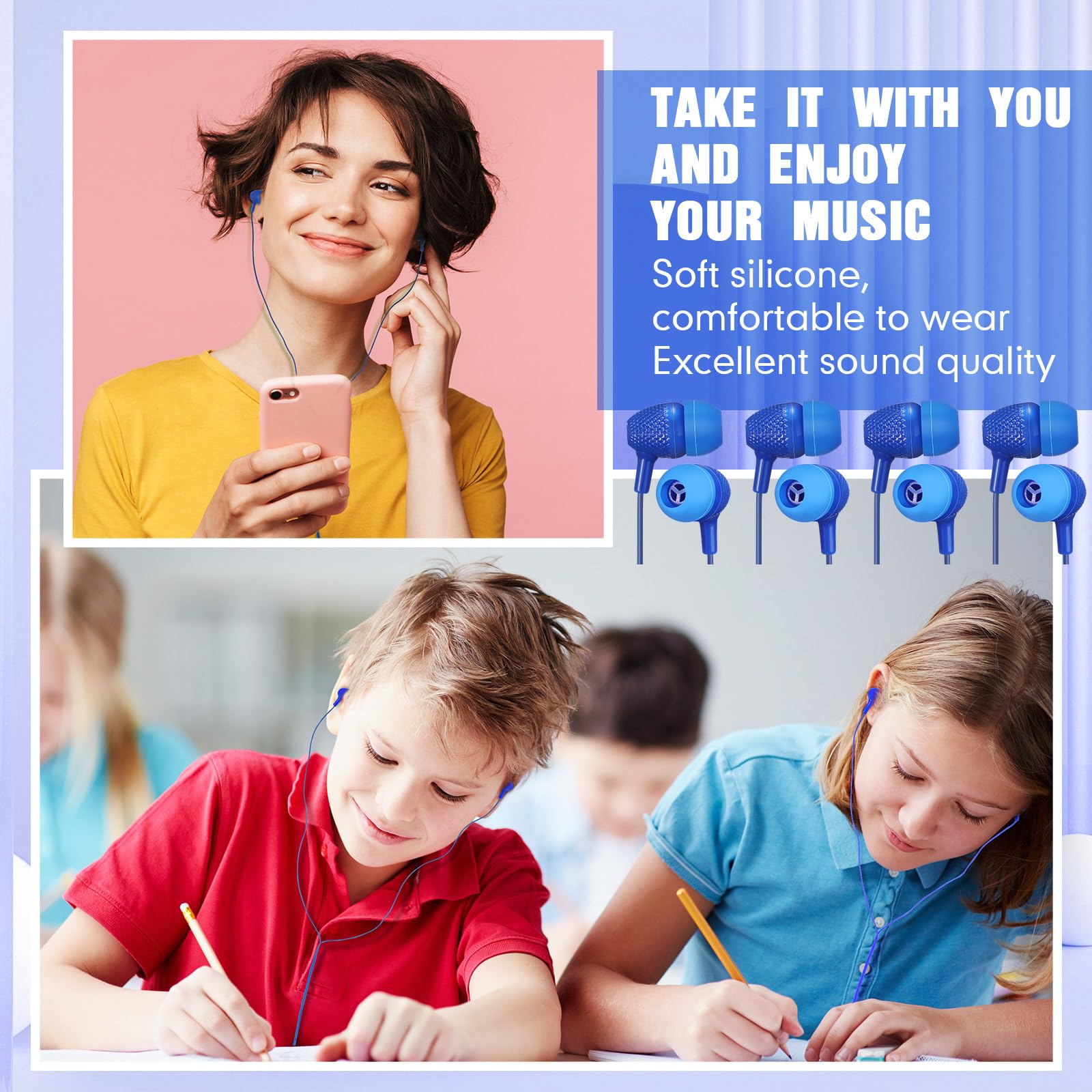 Confezione da 200 auricolari per bambini, 3,5 mm, per studenti, colori assortiti, auricolari cablati senza microfono, per scuole, aule, studenti, confezionati singolarmente (blu)