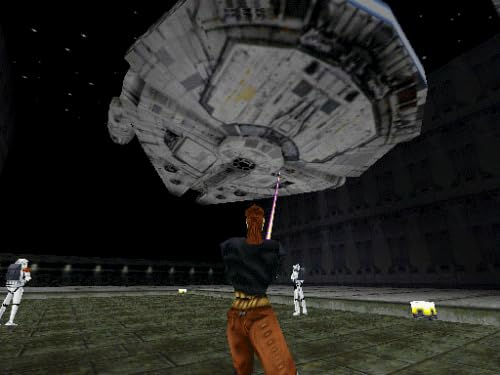 Screenshot of Kyle Katarn in a spaceship cockpit, looking at a monitor displaying a woman's face