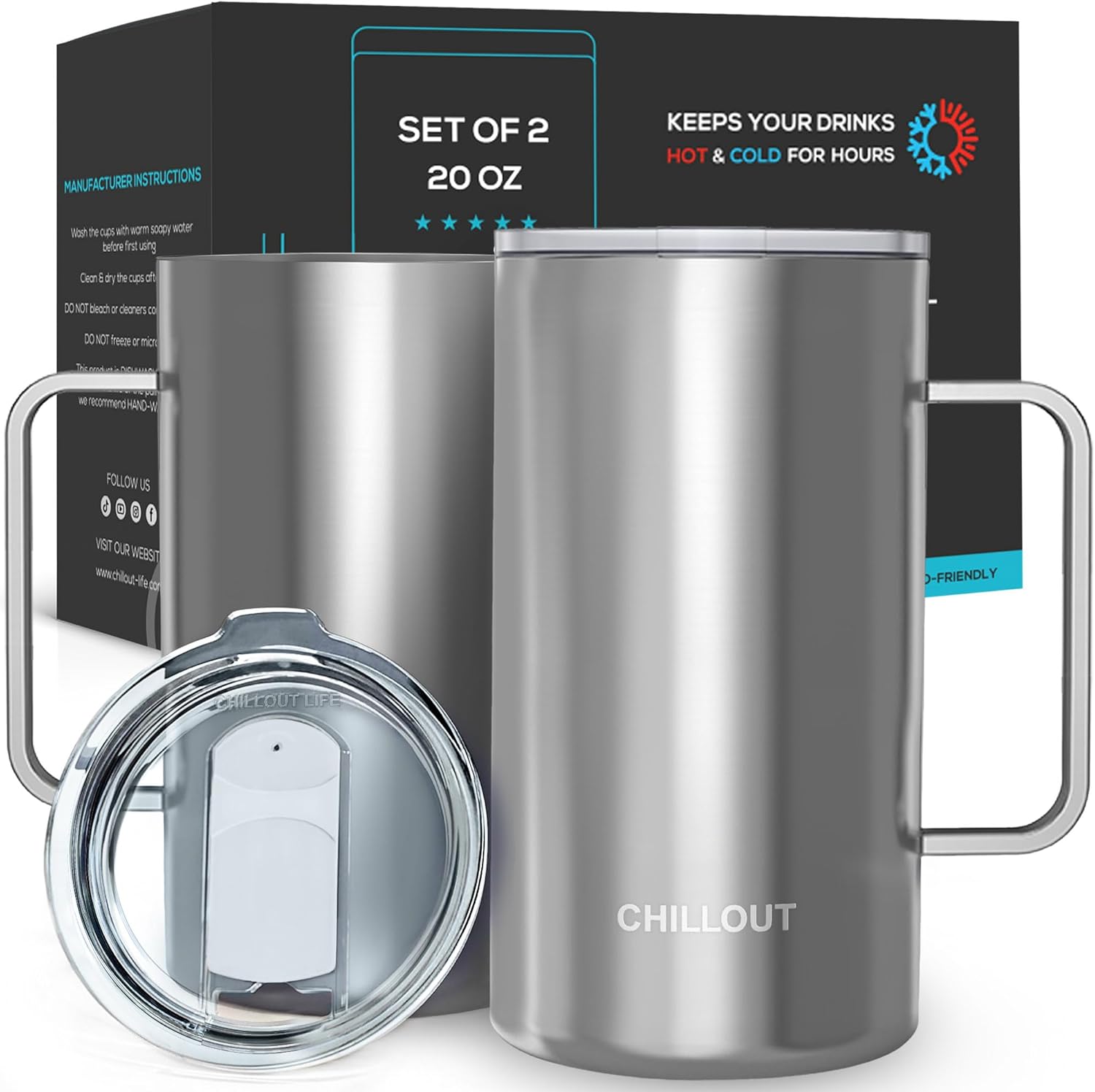CHILLOUT LIFE Stainless Steel Vacuum Insulated Coffee Mug 20 oz (Set of 2) with Handle and Lid, Large Thermal Camping Coffee Mugs with Sliding Lid for Men & Women, Keeps Your Beverages Hot & Cold