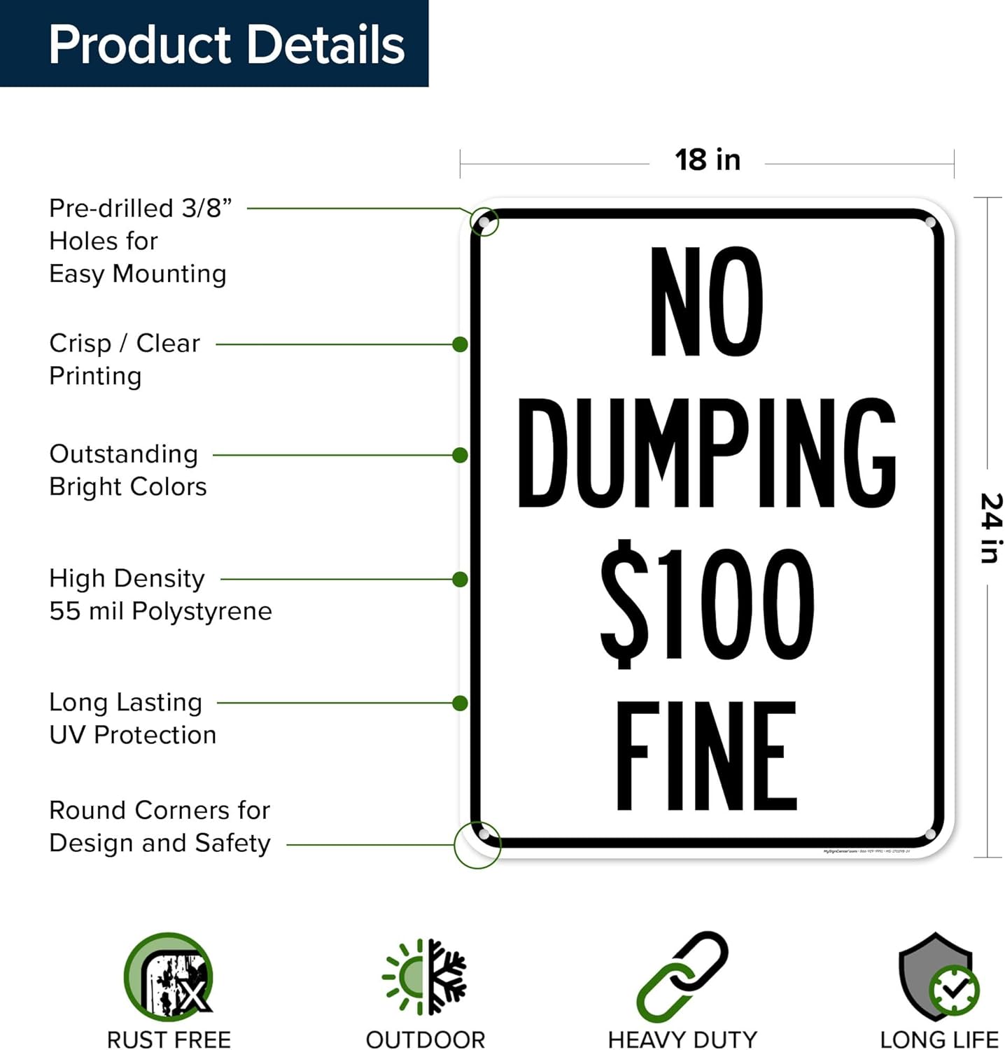 No Dumping 100 Fine Sign, 18x24 Inches, 55 mil thick HDPS (high density polystyrene), Made in USA by My Sign Center