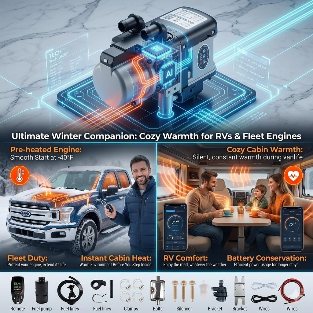 Calefacción Estacionaria de Agua 5,2KW 12V/24V Precalentador de Motor Diesel con Bomba de Agua Silenciosa para Camión Camper Caravana Barco y Vehículos Industriales Kit(24V)