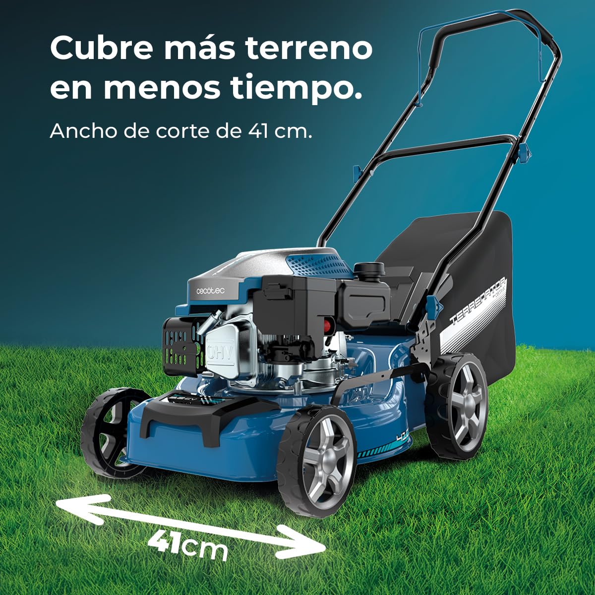 Cecotec Cortacésped de Gasolina Motor 144cc Terrenator 2700.41 Plus Total Z | Ancho de Corte 41cm, Cuerpo de Acero, Cambio de Altura Sistema Z-Tech, 3in1 con Mulching, Ruedas Traseras XL